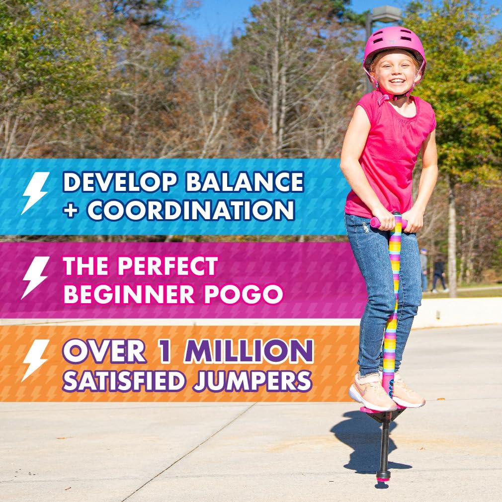 Flybar Flybar Pogo Stick for Kids, 40 to 80 Pounds, Perfect for Beginners, Easy Grip Foam Handles, Anti-Slip Foot Pegs, Outdoor Toys for Boys, Jumper Toys for Girls, Outside Toys for Kids (Jolt, Rainbow)