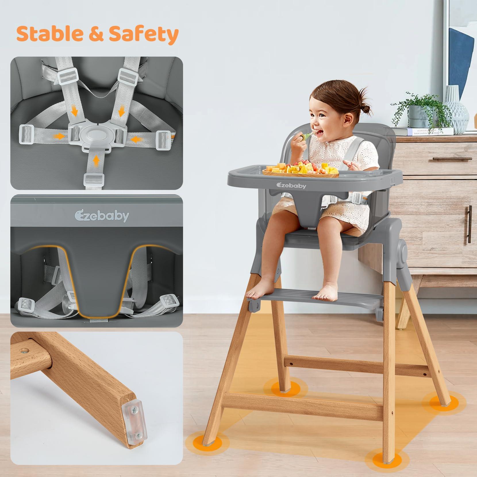 Ezebaby Ezebaby Foldable Wooden High Chairs, 3-in-1 Convertible Baby High Chair, Dining Booster Seat, Toddler Chair, Easy Clean High Chairs for Babies and Toddlers with Large Adjustable Tray- Transparent Gray