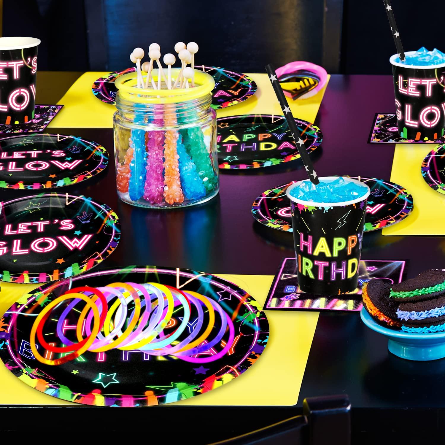 Ywediim Glow Neon Party Supplies - Glow in the Dark Birthday Let\'s Glow Backdrop Banner, Plates, Glow Sticks, Tablecloths, Cups, Napkins, Neon Balloons, for Blacklight Party Decorations Serves 20 (Set A)