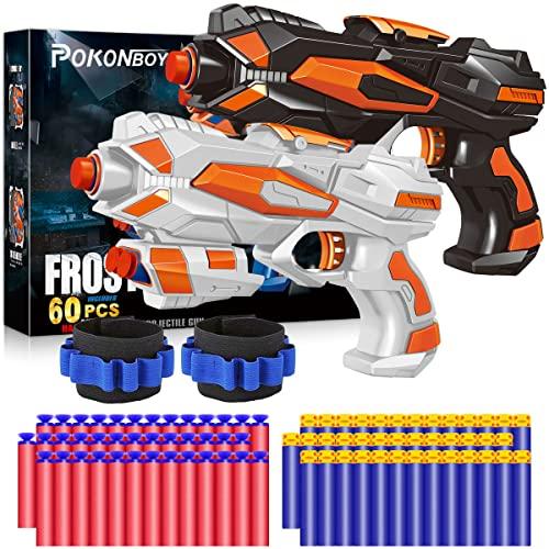 POKONBOY POKONBOY 2 Pack Blaster Guns Toy Guns for Boys Girls with 60 PCS Refill Soft Foam Darts 2 Wristbands for Kids Birthday Gifts Party Favors Hand Gun Toys for 6 7 8 Year Old Christmas