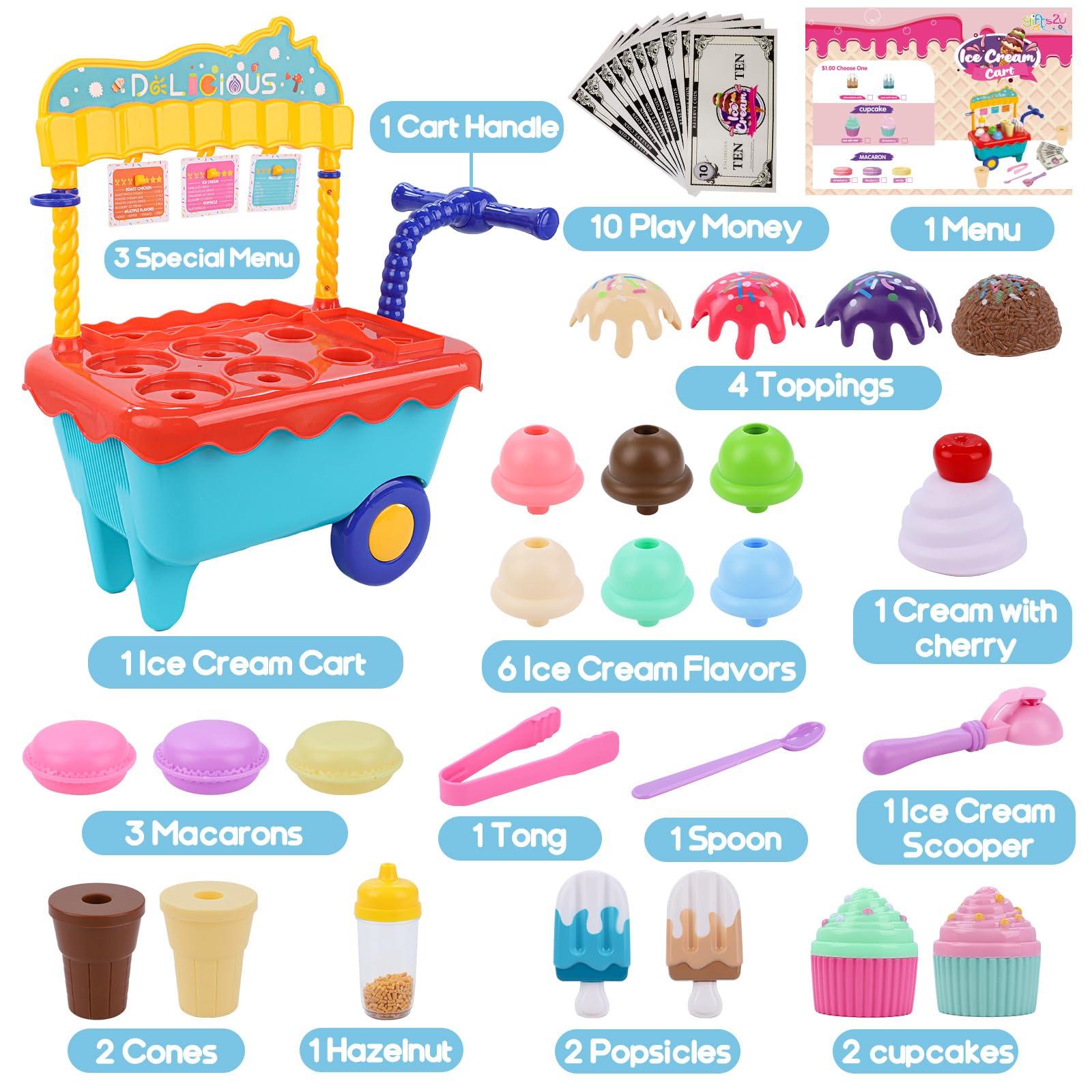 Gifts2U Gifts2U Ice Cream Cart Toys for Kids,45 Pcs Ice Cream Play Set,Pretend Play Store with Storage Trolley,Food Toys,Play Ice Cream Shop Toy,Gift for Boys Girls 3 4 5 6 Years Old