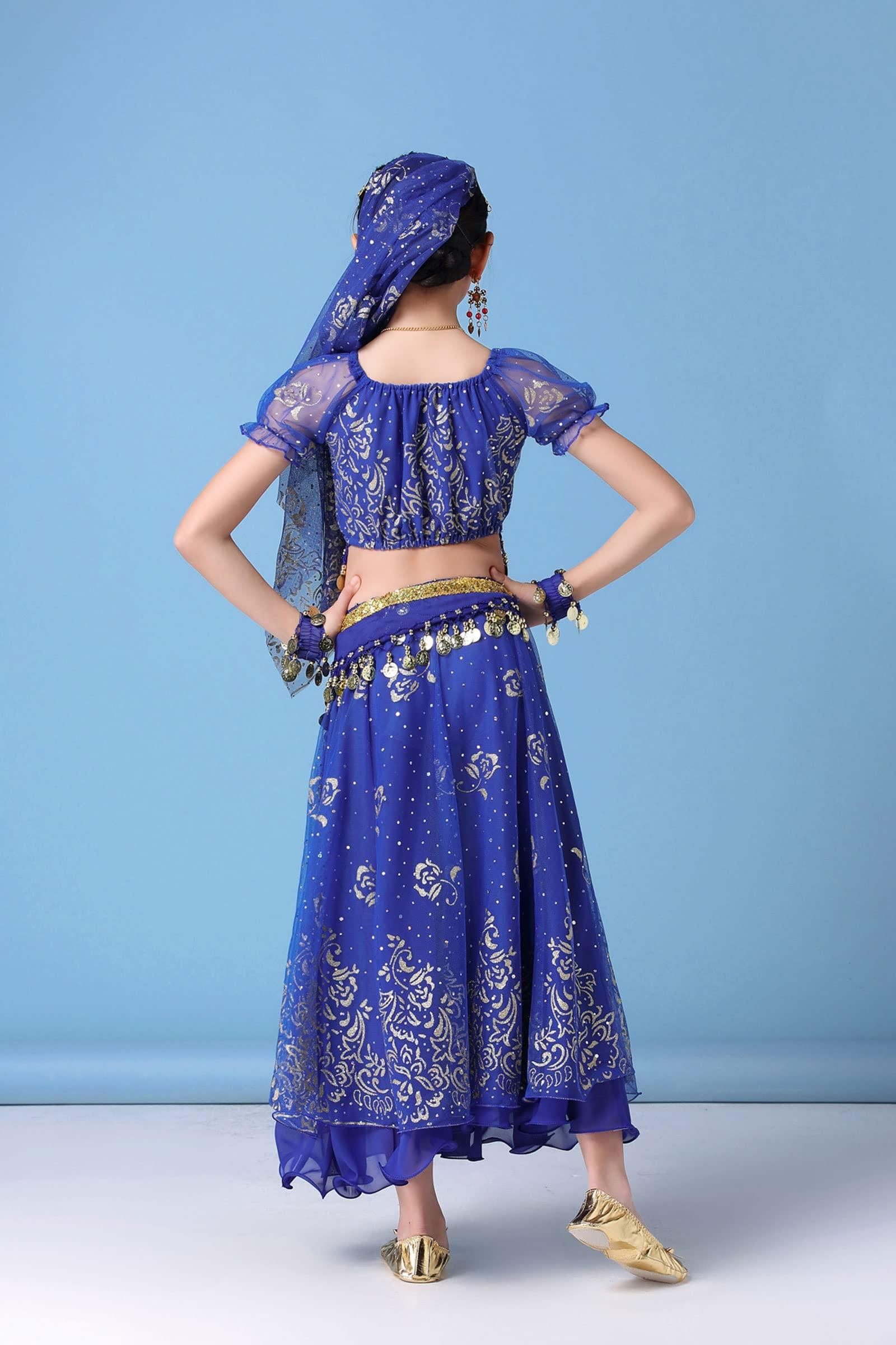 OTMYIGO OTMYIGO 5Pcs/Set Belly Dance Costume Set Oriental Costumes Girl Egypt Bollywood Indian Dancing Clothing India Dresse,Blue,L