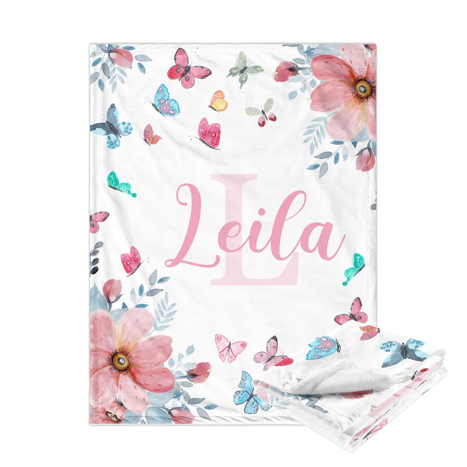 Noverbibi Personalized Floral Butterfly Baby Blanket with Name for Girls Boys - Custom Monogram Blankets with Floral for Kids Toddler - Customized Throw Blanket for Baby Adult - Soft Fleece Baby Blanket 40"x50"