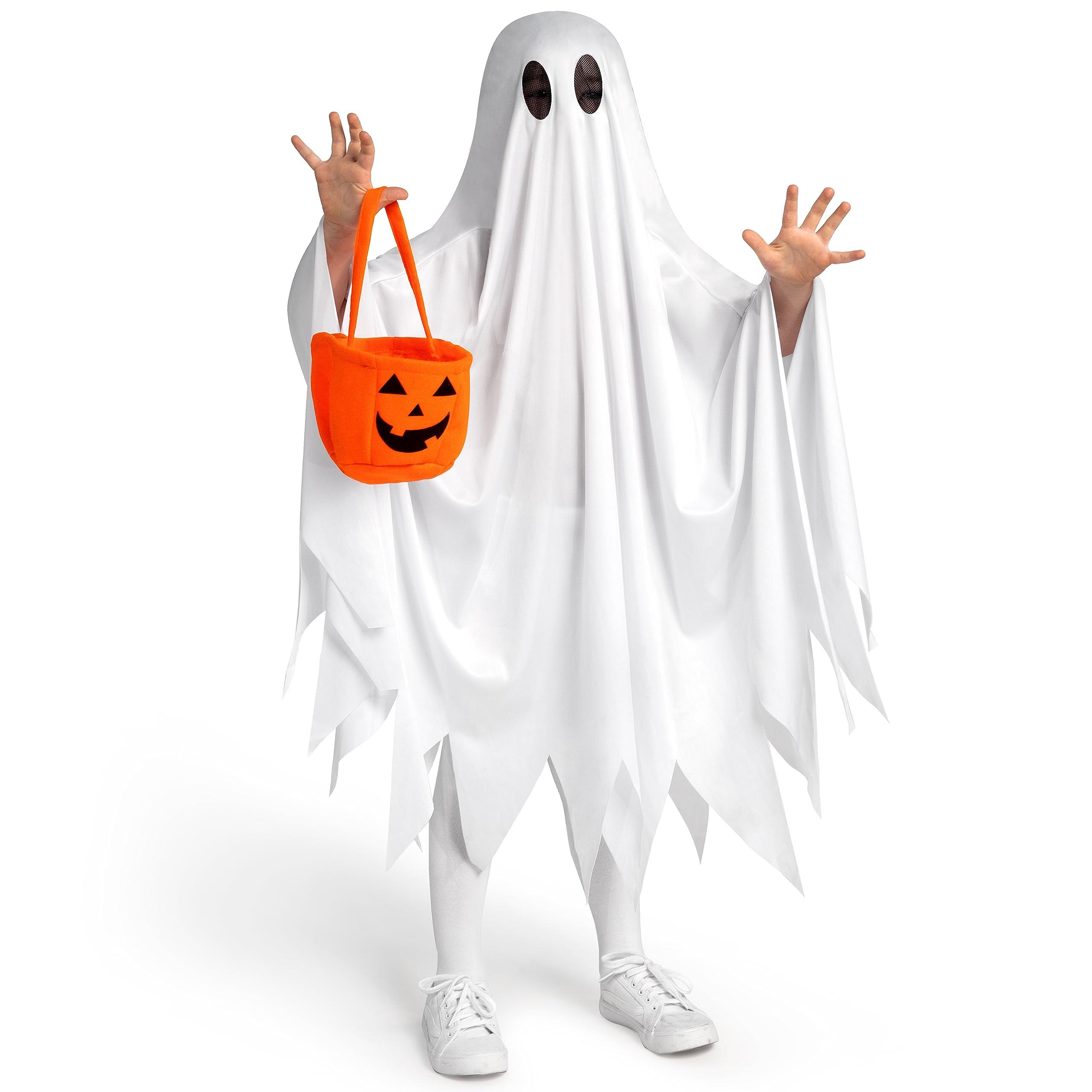 Spooktacular Creations Spooktacular Creations Kids Ghost Costume, Halloween Ghost Costume, White Silent Ghost Costume with Pumpkin Bag for Boys, Girls Halloween Dress Up, Role Play-S