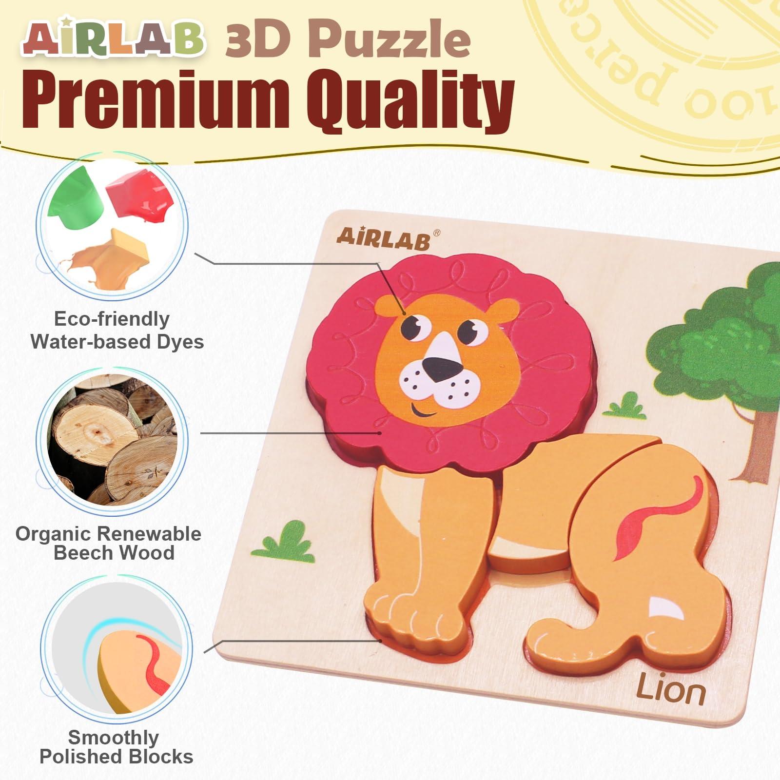 Airlab Wooden Puzzles for Toddlers 1 2 3 Year Old Animals Shape Puzzle Toys for Travel Airplane Gift for Kids Montessori Early Development Gifts for Baby Boys Girls with Drawstring Bag Pack of 4