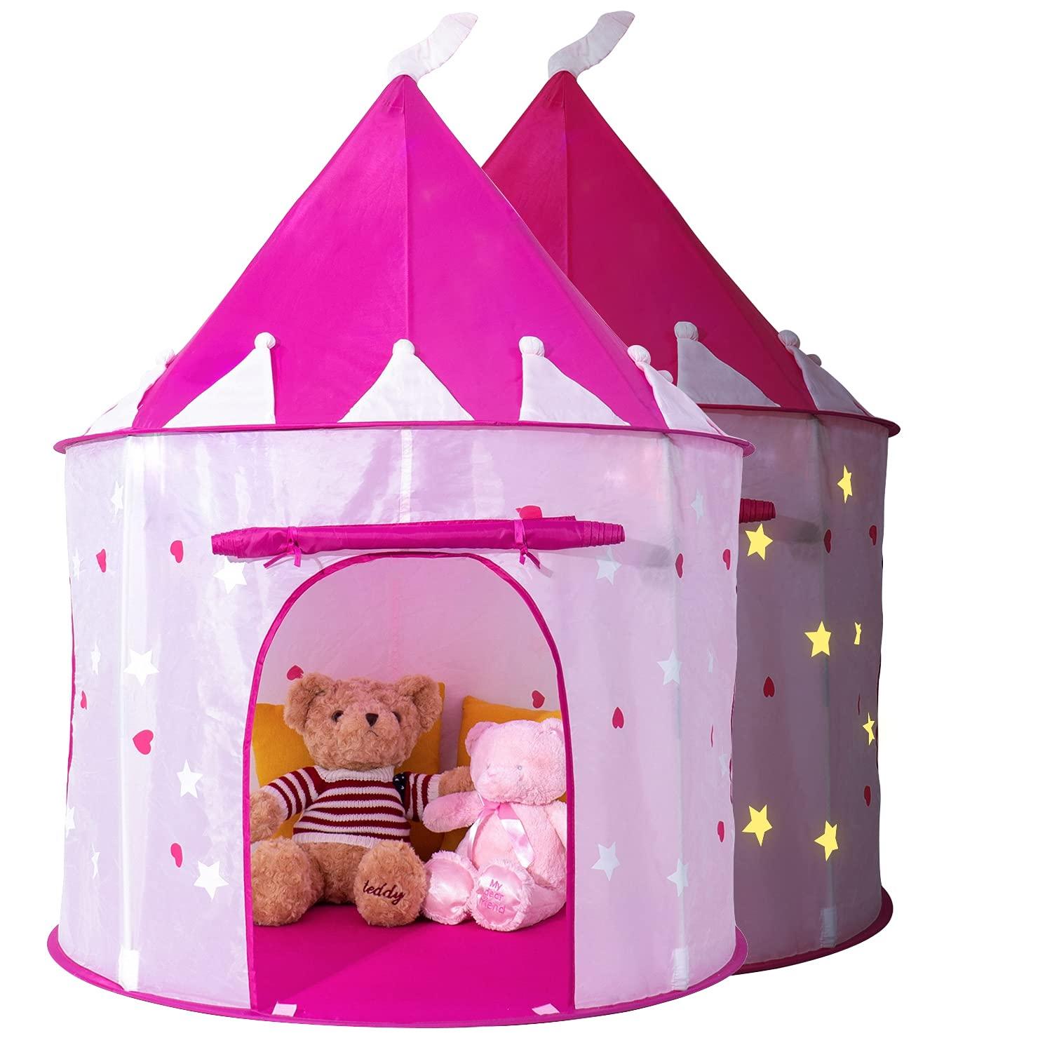 Allusweet Princess Castle Play Tent with Glow in The Dark Stars, Foldable Pink Pop up Kids Tent Playhouse Toys, for Indoor Outdoor Toddler Children Girls Gifts Tent Girls Toys Age 3/4/5/6/7/8/9 Years Old