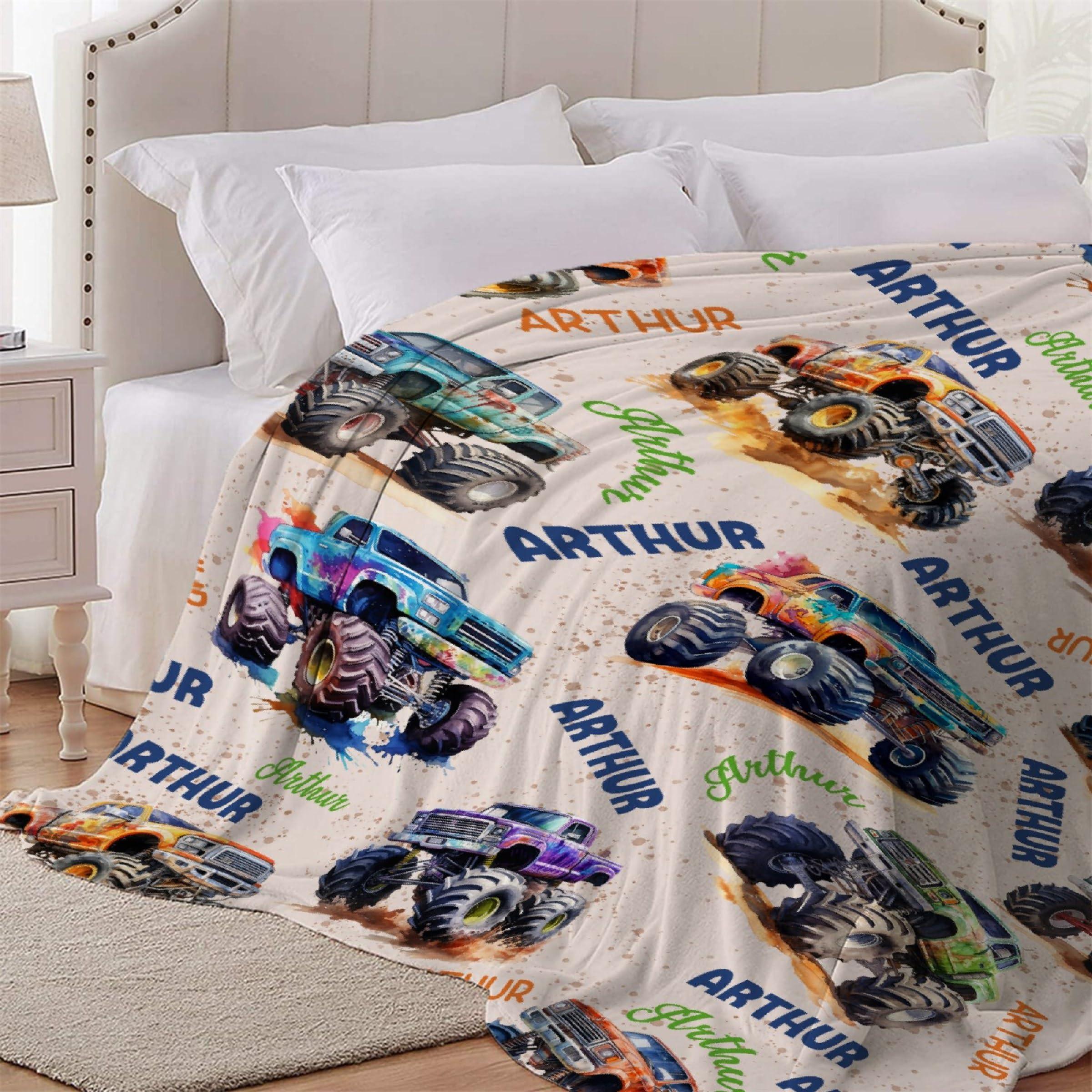 Todeyya Todeyya Personalized Mon-Ster Baby Blanket Gifts Custom Mon-Ster Trucks Toddler Blankets for Boys Mon-Ster Trucks Plush Throw Blanket, Trucks Bedding Room Decor for Boys 120"x90"