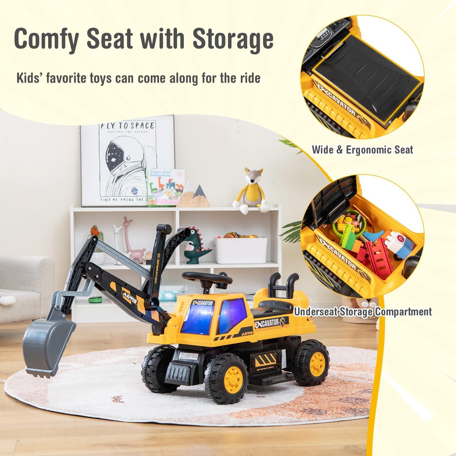 HONEY JOY HONEY JOY Ride on Excavator, 6V Battery Powered Ride on Construction Vehicles for Kids, Under Seat Storage, Music, Rotatable Seat, Kids Digger Loader, Bulldozer Ride on Toy, Gift for Boys Girls