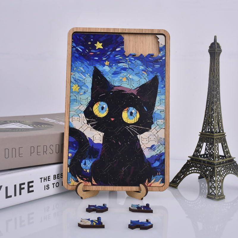 Yiduomile Yiduomile Nebula Night Cat Starry Night Cat Wooden Jigsaw Puzzle - Cat Pattern, Plywood Puzzle Toy, Challenging Intellectual Game, Art Home Decoration 6.61 * 4.4in