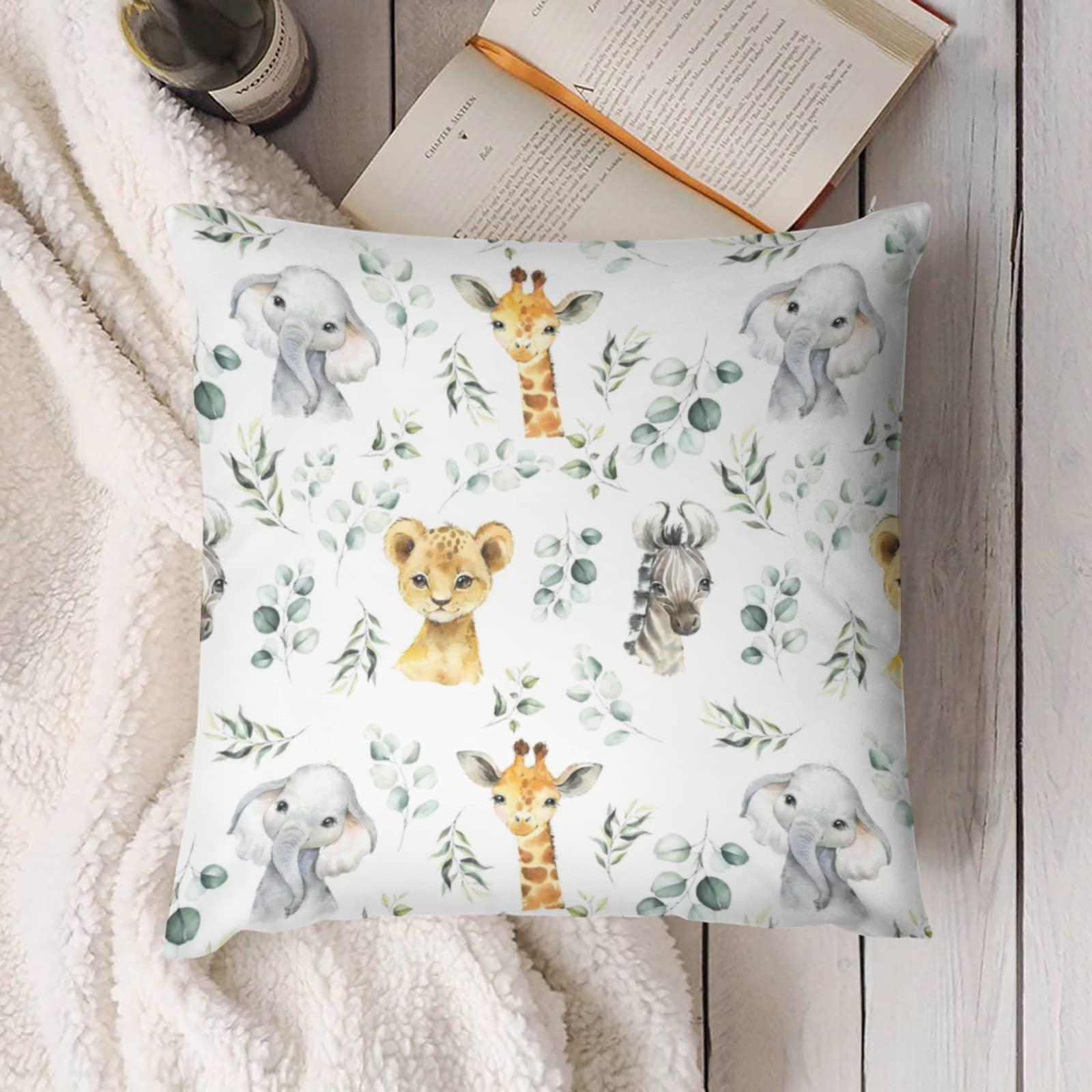 HawSkgFub HawSkgFub Baby Boy Girl Nursery Safari Jungle Animals Eucalyptus Leaf Pillowcase Throw Pillow Cover, Elephant Giraffe Zebra Cushion Case Bedroom Playroom Decor, Neutral Baby Shower Kids Gifts 16 x 16