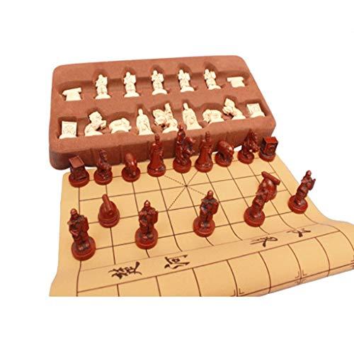 ZANZAN WUHE Chess Chinese Chess Xiangqi Game Retro Terracotta Warriors Chess Board Games Resin Chess Pieces and Leather Soft Chessboard chessex