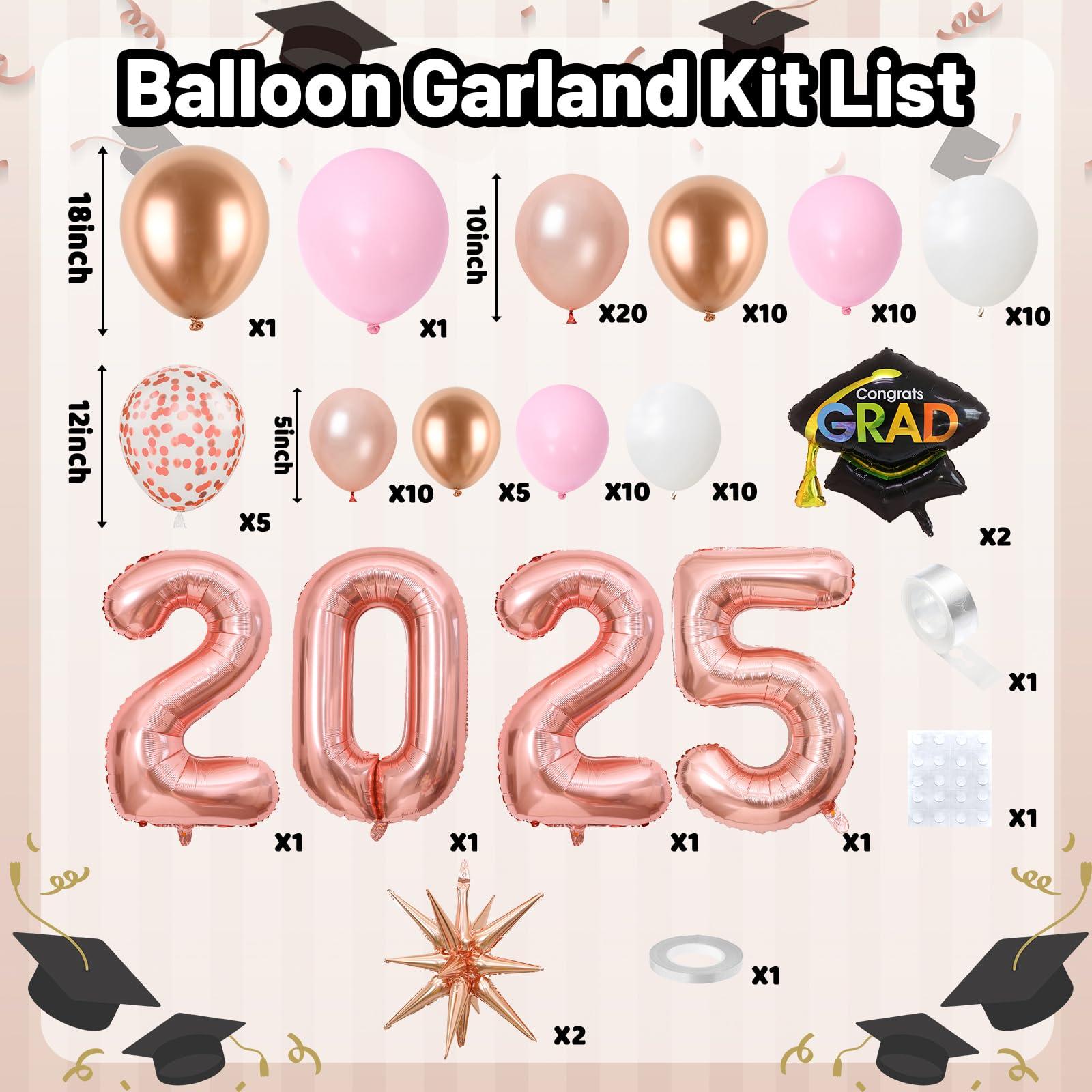 GRESATEK Graduation Balloons Garland Arch Kit, Graduation Balloons Class of 2025, Rose Gold and Pastel Pink White Balloons with Graduation Class Foil Balloons for 2025 Graduation Party Decor
