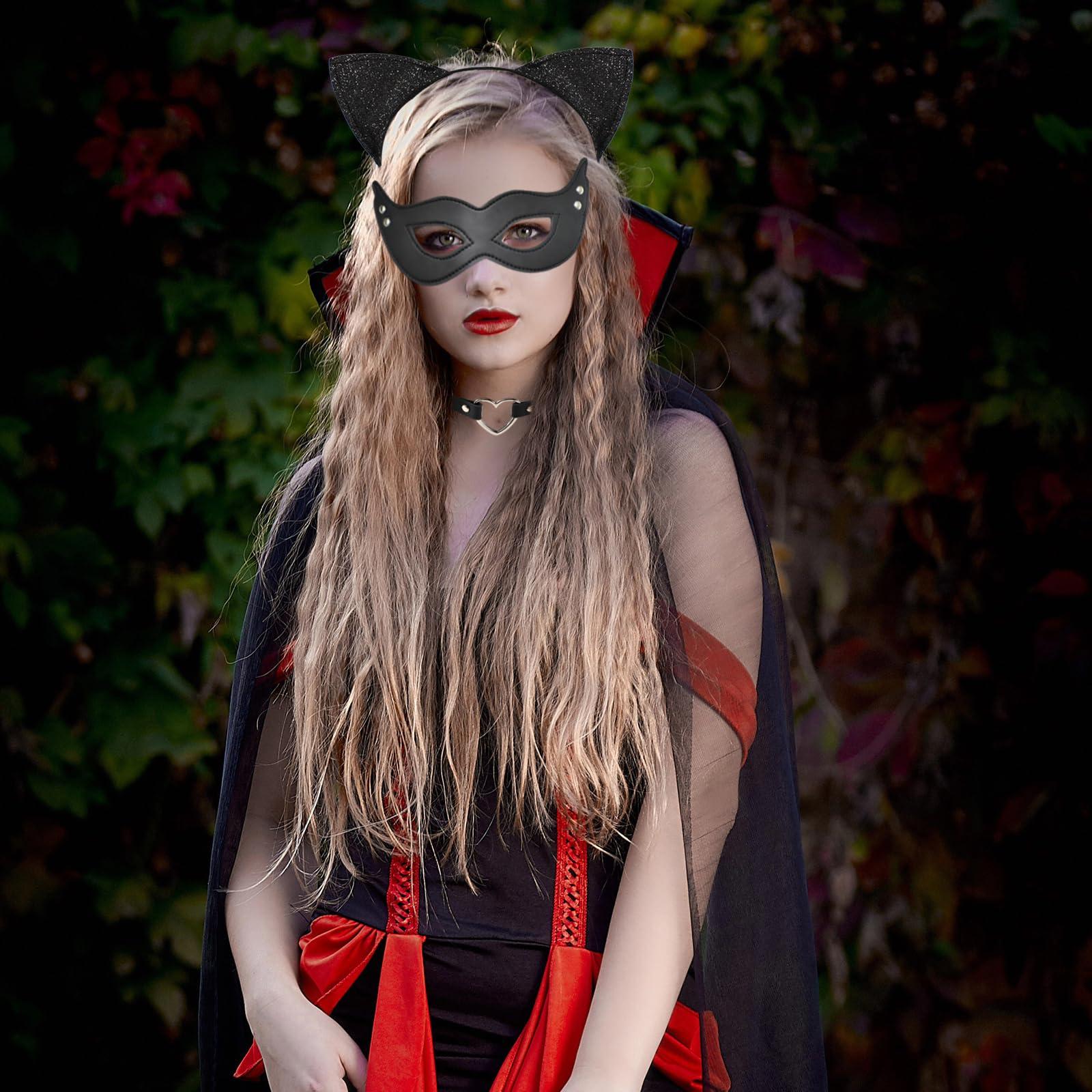 Halatool Halatool 4PCS Catwoman Costume for Women Catwoman Halloween Costume Catwoman Mask Choker Ears and Tail Set for Themed Party