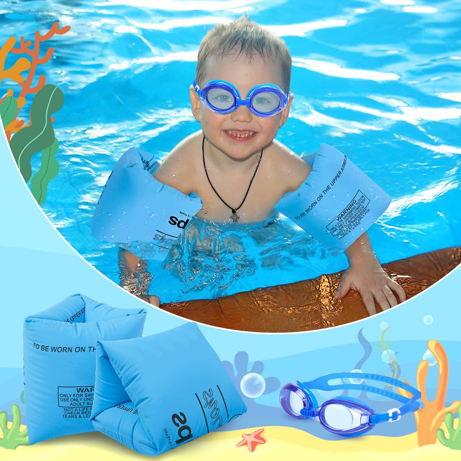 Korlon Tec Arm Floaties for Kids 6-12yrs, PVC Arm Floaties Inflatable Swim Arm Bands Floater Sleeves Swimming Rings and Swimming Goggles Kids Floaties for Pool 6 Pack (Blue)