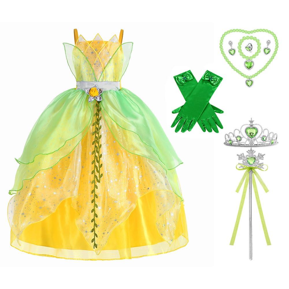 Milycoqi Princess Tiana Costume for Girls Birthday Party Halloween Outfit Costume Cosplay Dress up with Accessories for 3T