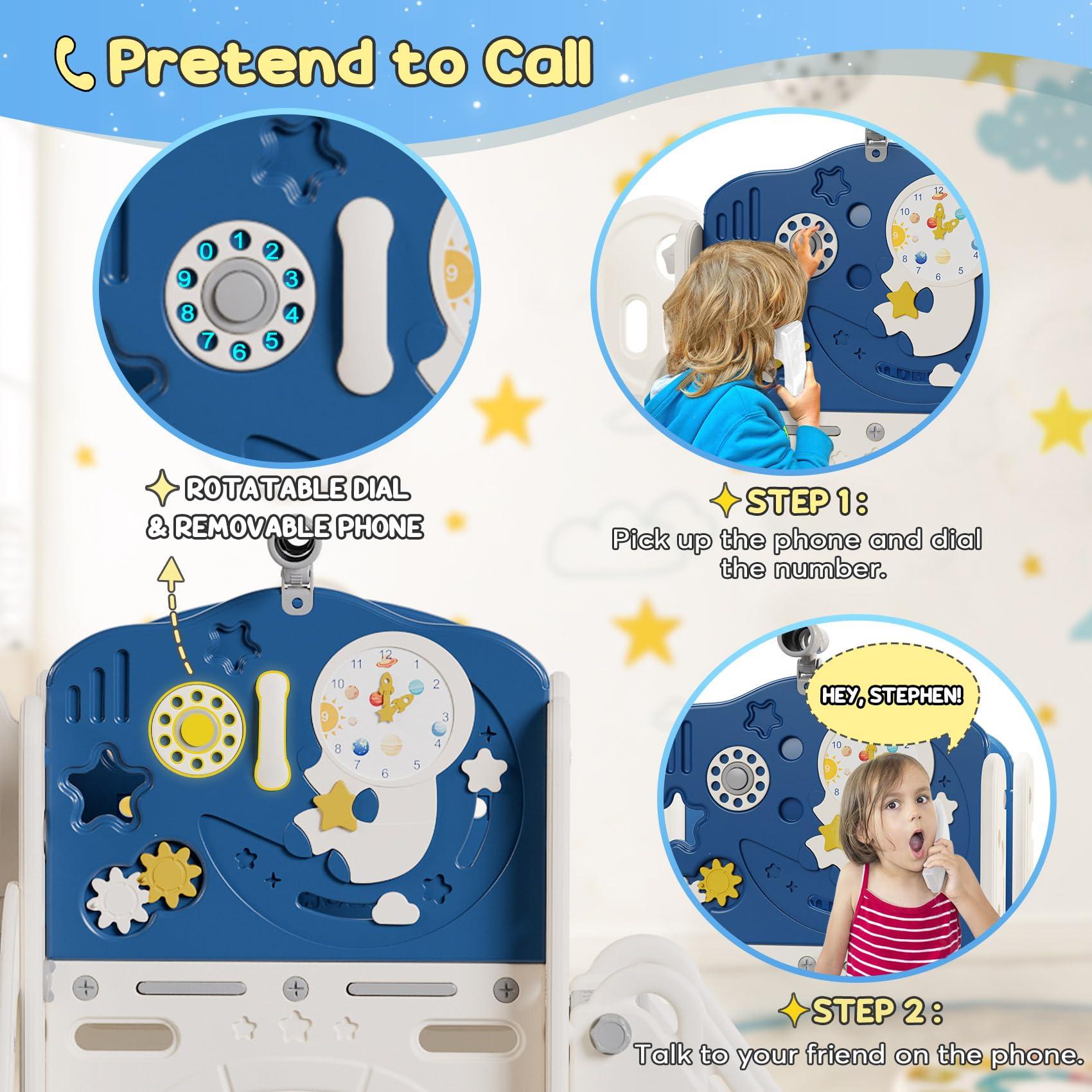 BIERUM BIERUM 10 in 1 Toddler Slide, Astronaut Themed Baby Slide for Toddlers Aged 1-3, with Astronaut Design, Phone Call Design and Basketball Hoop, Toddler Playset Toddler Playground Blue Gray