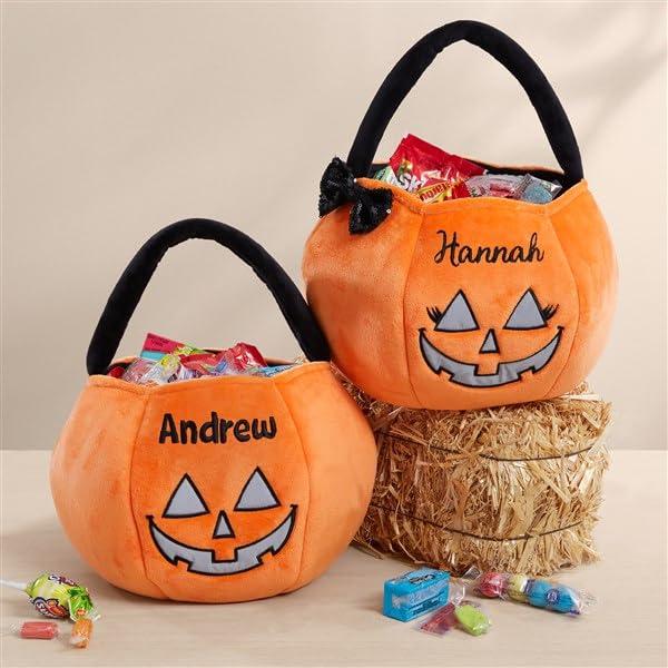 Personalization Universe Personalization Universe Cheerful Pumpkin Embroidered Reflective Girl Halloween Treat Bag - Customizable Name, Multiple Thread Colors/Fonts Personalized Trick or Treat - 8" W x 7.5" H, 100% Polyester