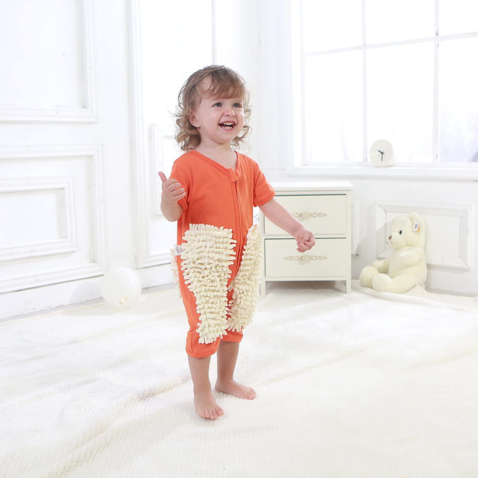 COJCOIHN Cute Baby Mop Onesie, Cleaning Mop Romper Funny Short Sleeve Infant Jumpsuit Floor-Clean One Piece Outfit Overalls Orange