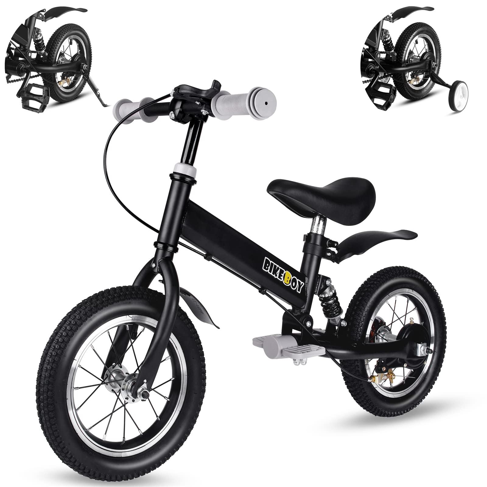 BIKEBOY bikeboy Balance Bike 14 Inches, Dual Use Kids Bike for 2-6 Years Old, Shock Absorbers, Fenders, Pedals, Auxiliary Wheels, Black