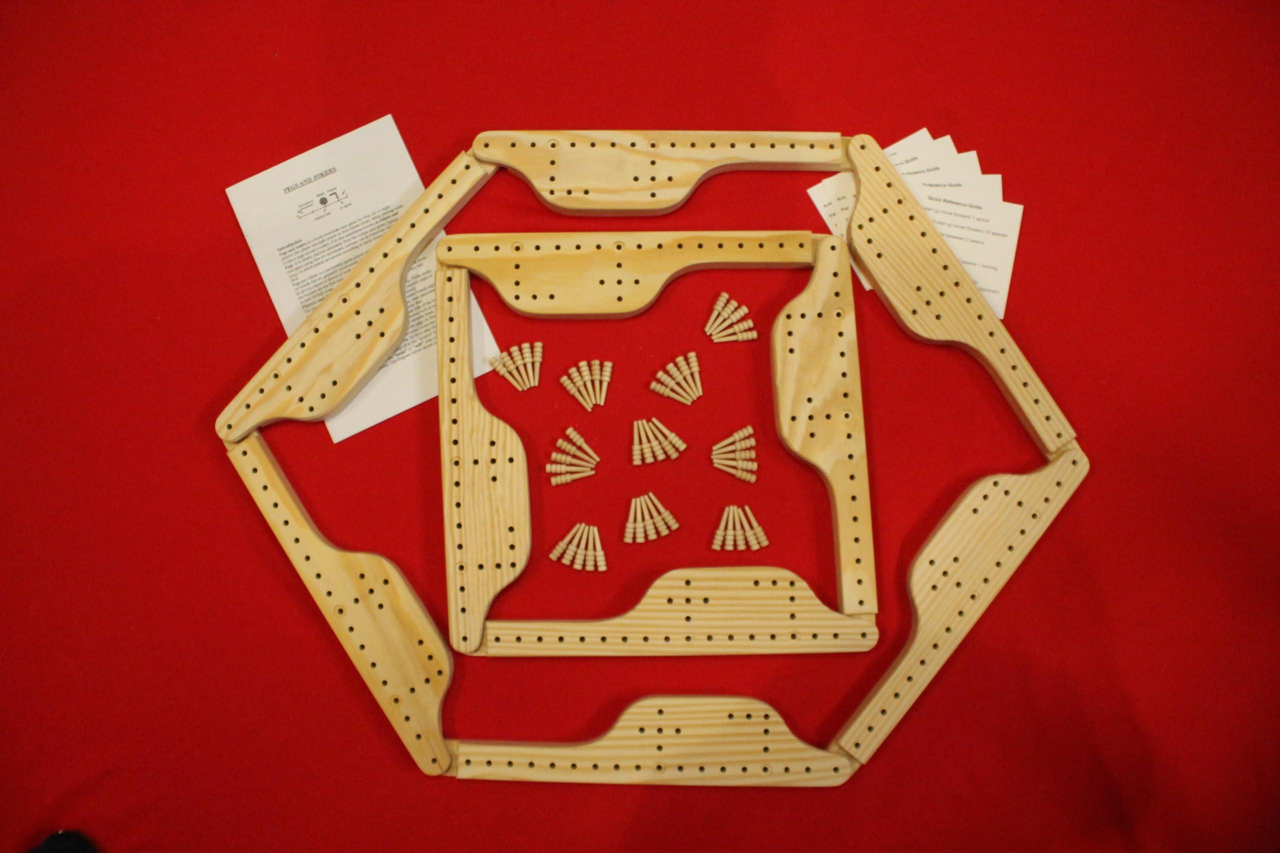 Generic Pegs and Jokers for Adults, Unfinished 10 Player Board Game Made of Select Pine Wood, by C and J Woodtechs. Game Pieces and Peg Pieces are not Painted or polyurathaned.