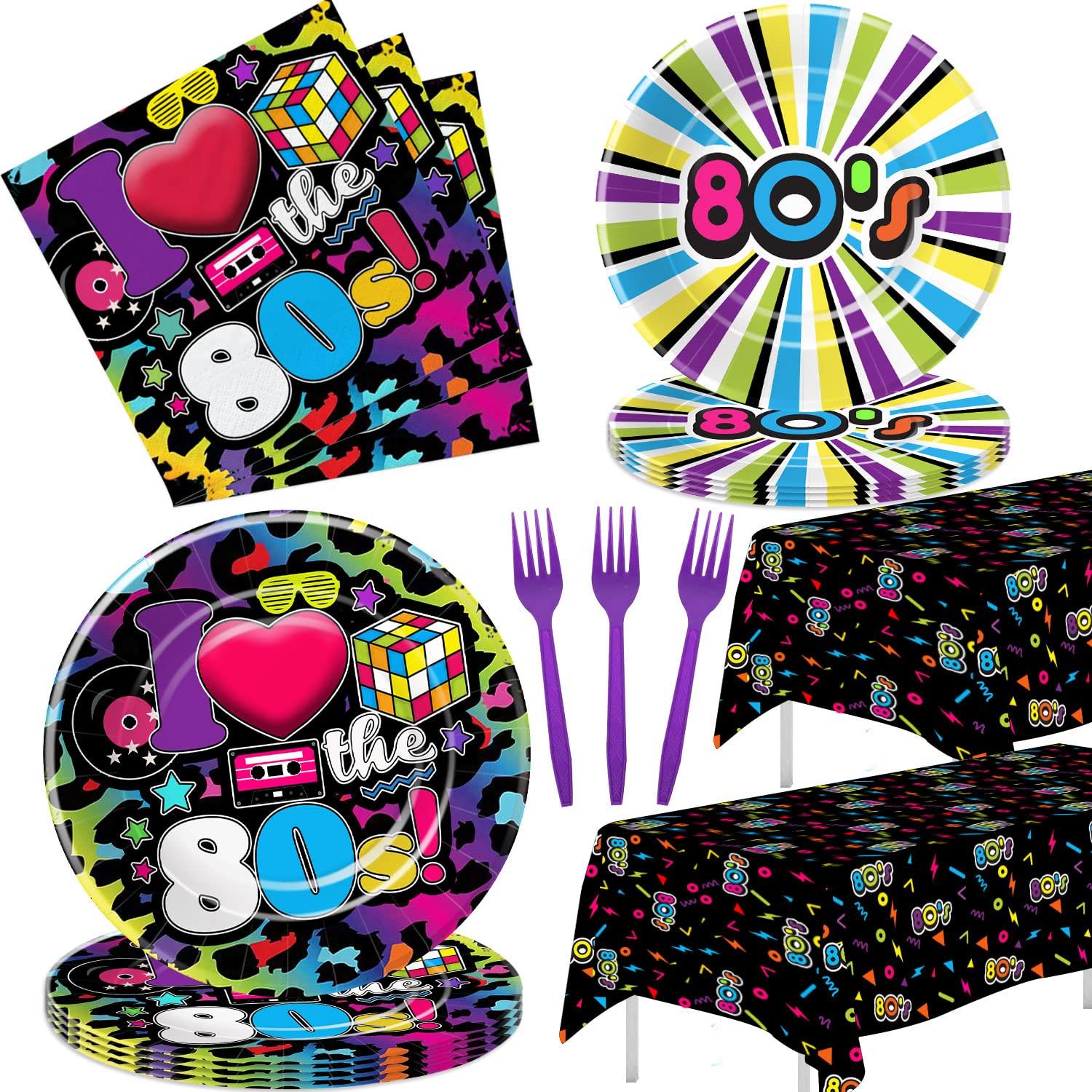 HIPVVILD HIPVVILD 80\'s Party Decorations Tableware - 80\'s Theme Party Supplies, 80s Decorations Dinnerware, Paper Plates, Napkins, Tablecloth, Forks, 80s Birthday Party Decorations and Supplies | Serve 24
