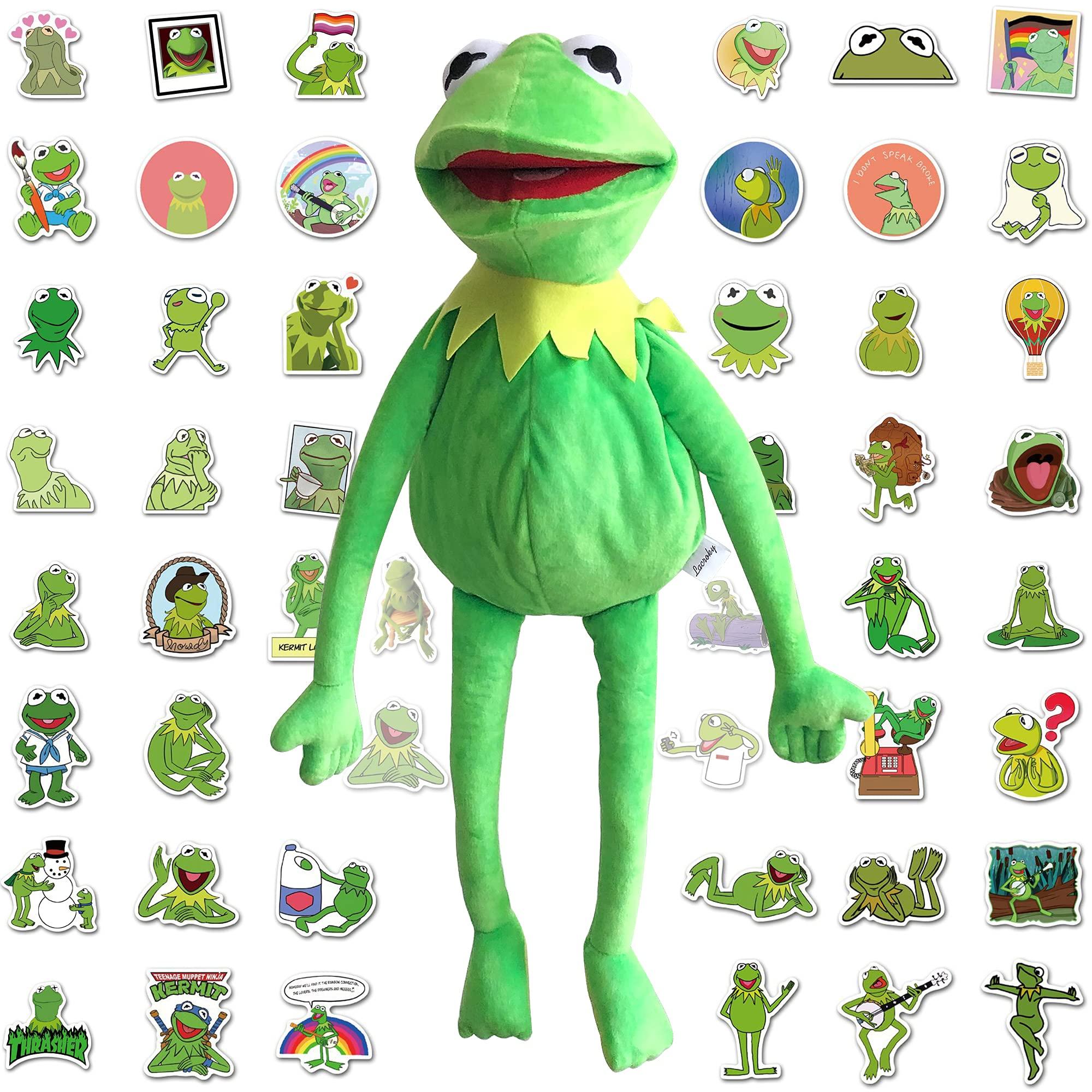 Lacroky Lacroky Kermit Frog Puppet with Puppets Control Rod & 50 Pcs Kermit The Frog Puppet Stickers, Hand Kermit Puppet Soft Stuffed Plush Toy for Boys & Girls - 24 Inches