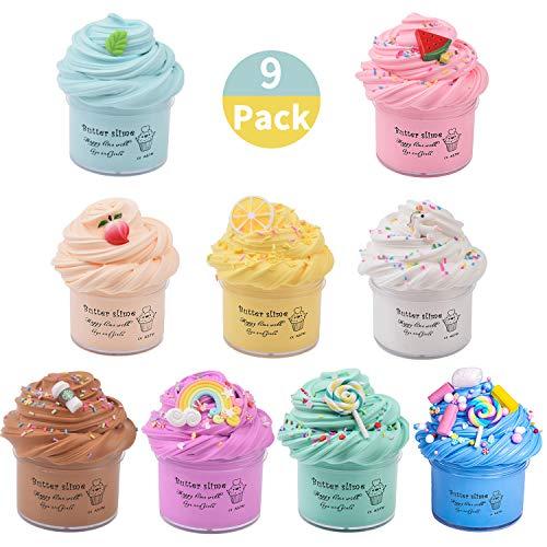 Keemanman Keemanman 9 Pack Butter Slime Kit with Mint Leaf, Watermelon, Peach, Lemon, Unicorn, Coffee, Rainbow and Candy Charms, Scented DIY Slime for Girls and Boys, Stress Relief Toy for Kids Party and Gift