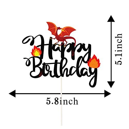 LECAKTO Black Glitter Dragon Happy Birthday Cake Topper,Dragon Knight Theme Birthday Party Cake Decor For Kids Boy Or Girl,Happy Birthday Party Decorations Supplies