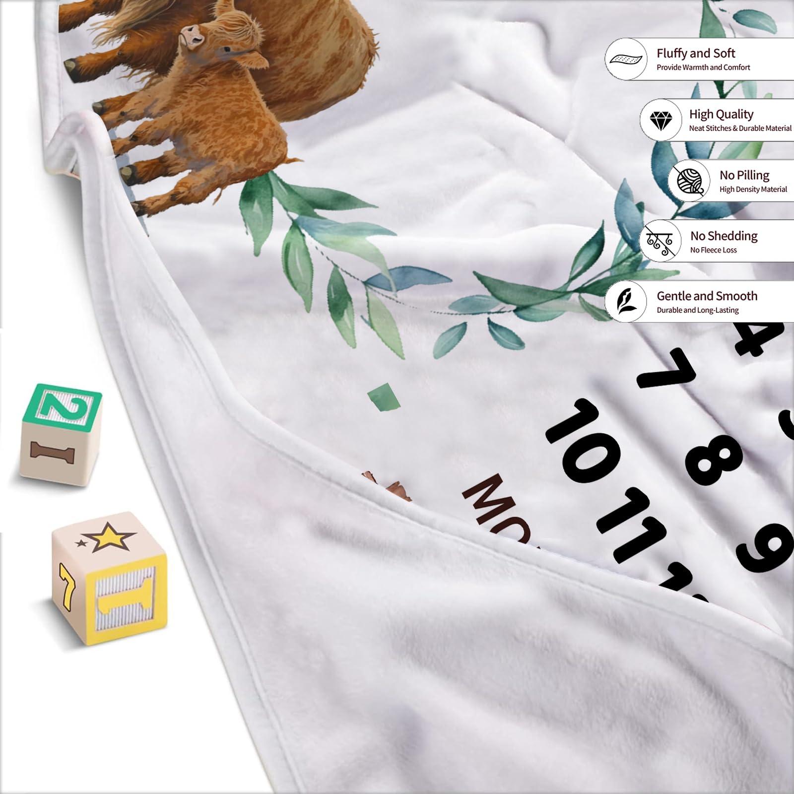 Naseagleeye Personalized Baby Milestone Blanket for Boys, Custom Newborn Baby Boy Blanket with Name, High Land Cow Baby Milestone Monthly Blanket for Shower Gift, Monthly Baby Milestone Blanket