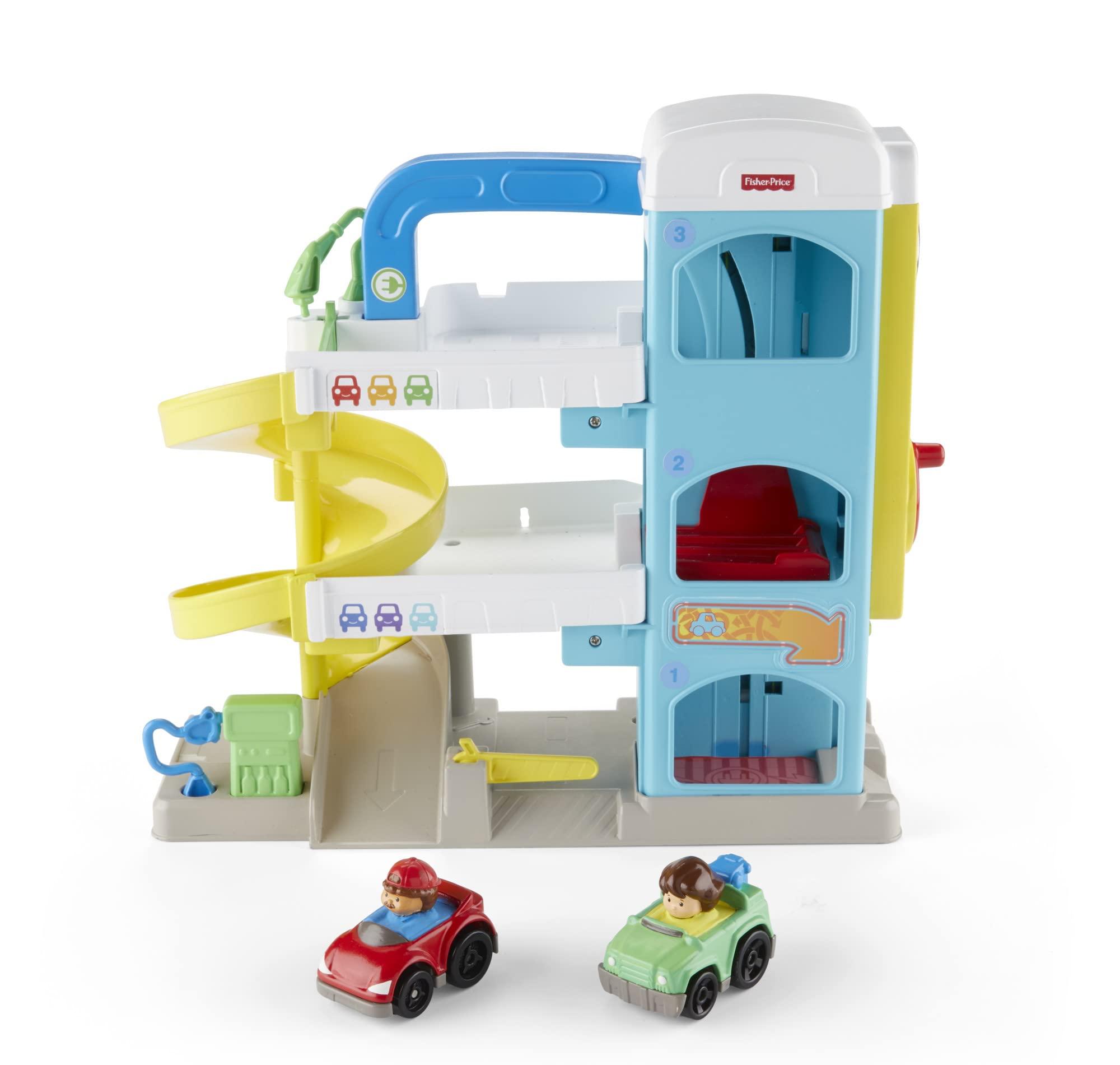 Fisher-Price Fisher-Price Little People Toddler Toy Helpful Neighbors Garage Playset with Spiral Ramp & 2 Cars for Pretend Play Ages 18+ Months