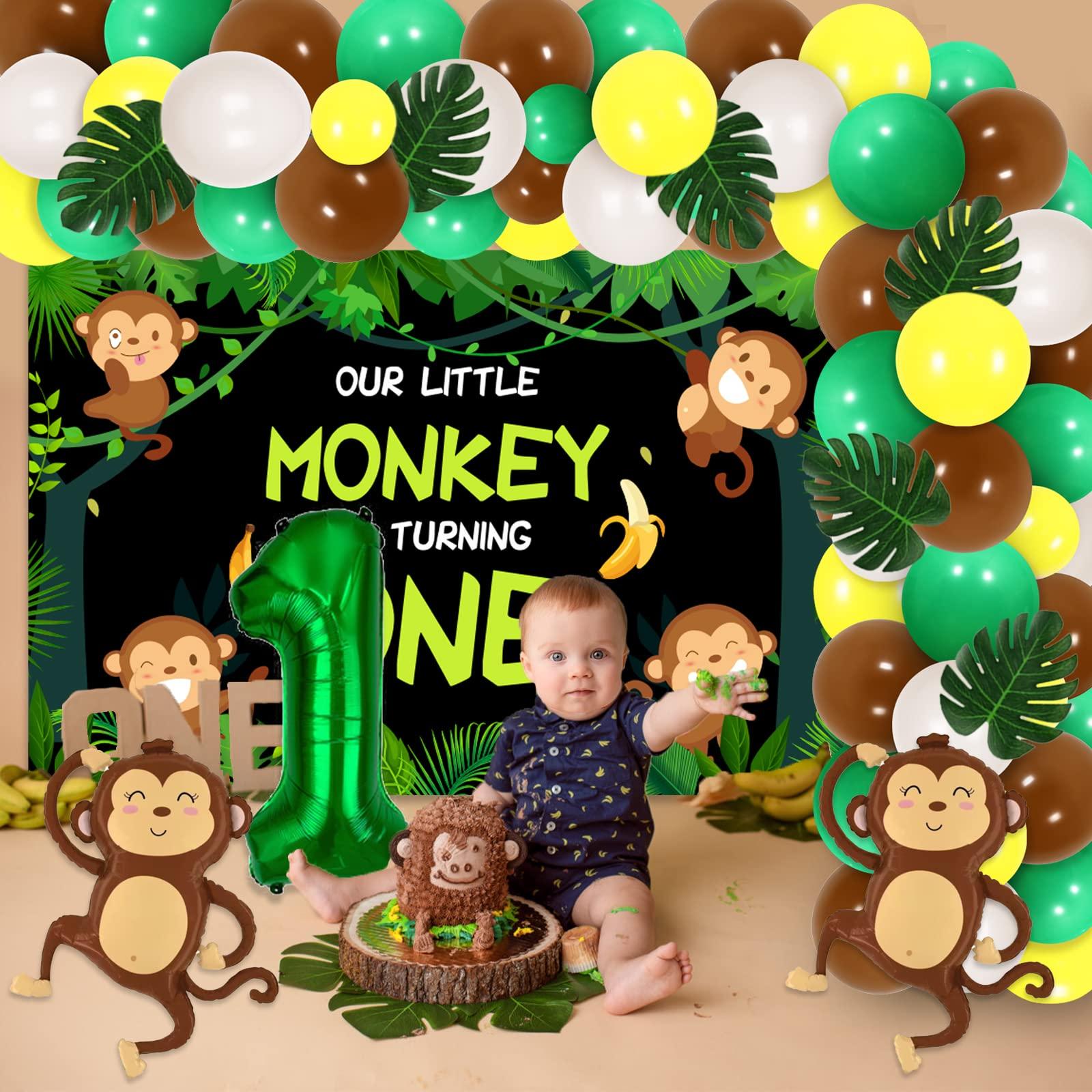 Funmemoir Monkey 1st Birthday Party Decorations - Our Little Monkey Is Turning One Backdrop, Jungle Safari Balloon Garland Arch Kit, Artificial Palm Leaves, Foil Balloons, Jungle Monkey Birthday Decorations