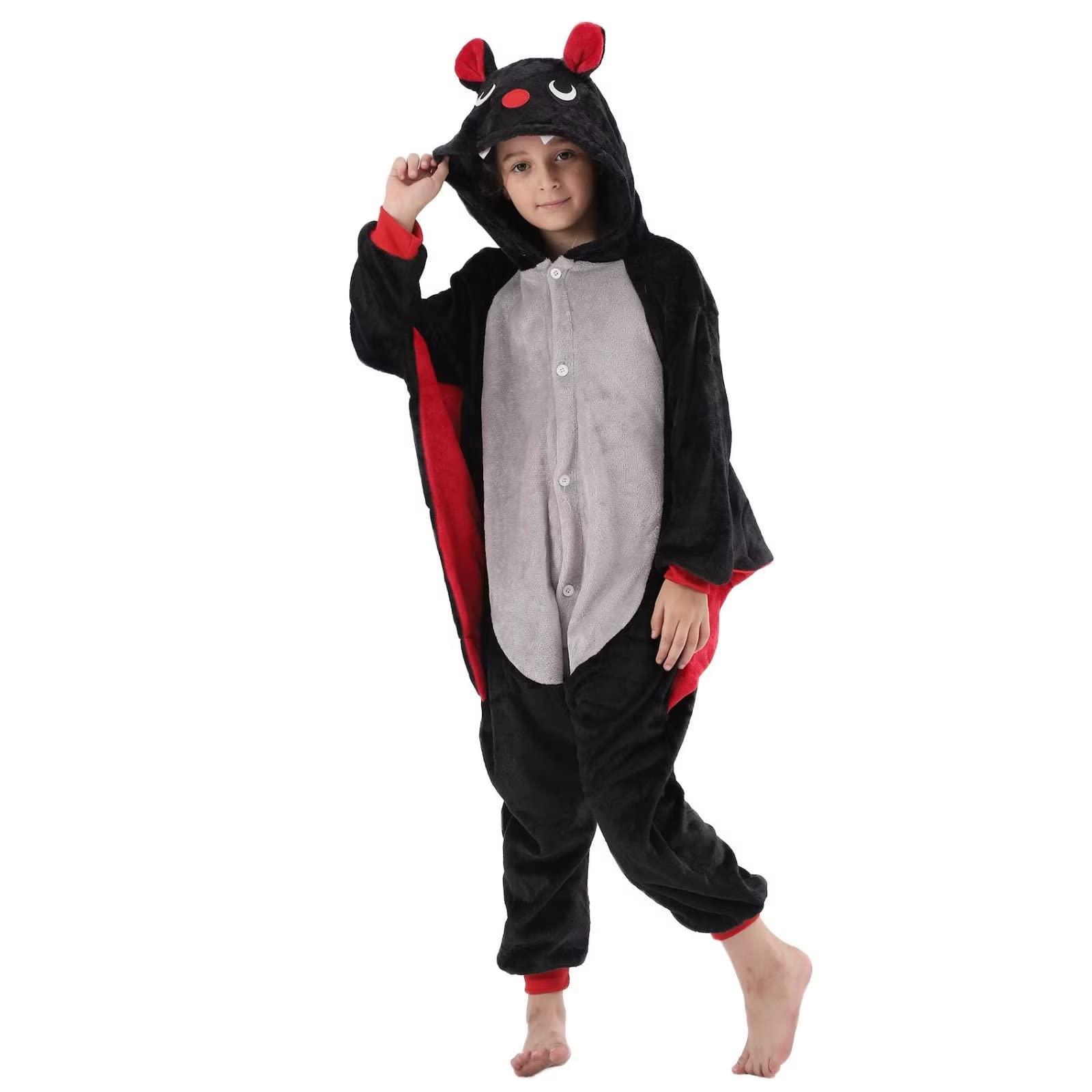 LOBUJOU LOBUJOU Kids Onesie Costume for Boys Girls Halloween Animal Cosplay One Piece Flannel Hooded Black Bat M