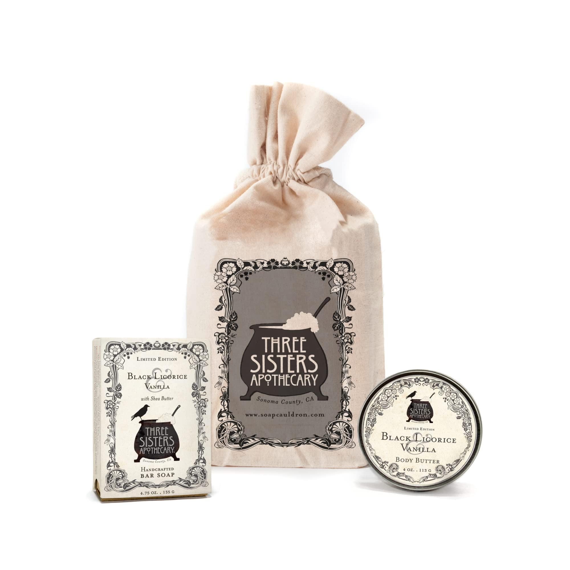 Three Sisters Apothecary Fine Handmade Soaps & Three SIsters Apothecary Muslin Gift Set - Bar Soap and Body Butter (Black Licorice)