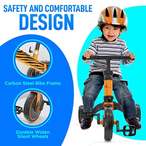 Hurtle 3 in 1 Kids Tricycles - Balance Training Bike Convertible Toddler Walker Riding Toys for 10 Month to 3 Year Old Boys Girls w/Removable Pedals, Carbon Steel Frame, Adjustable Seat Height (Tiger)