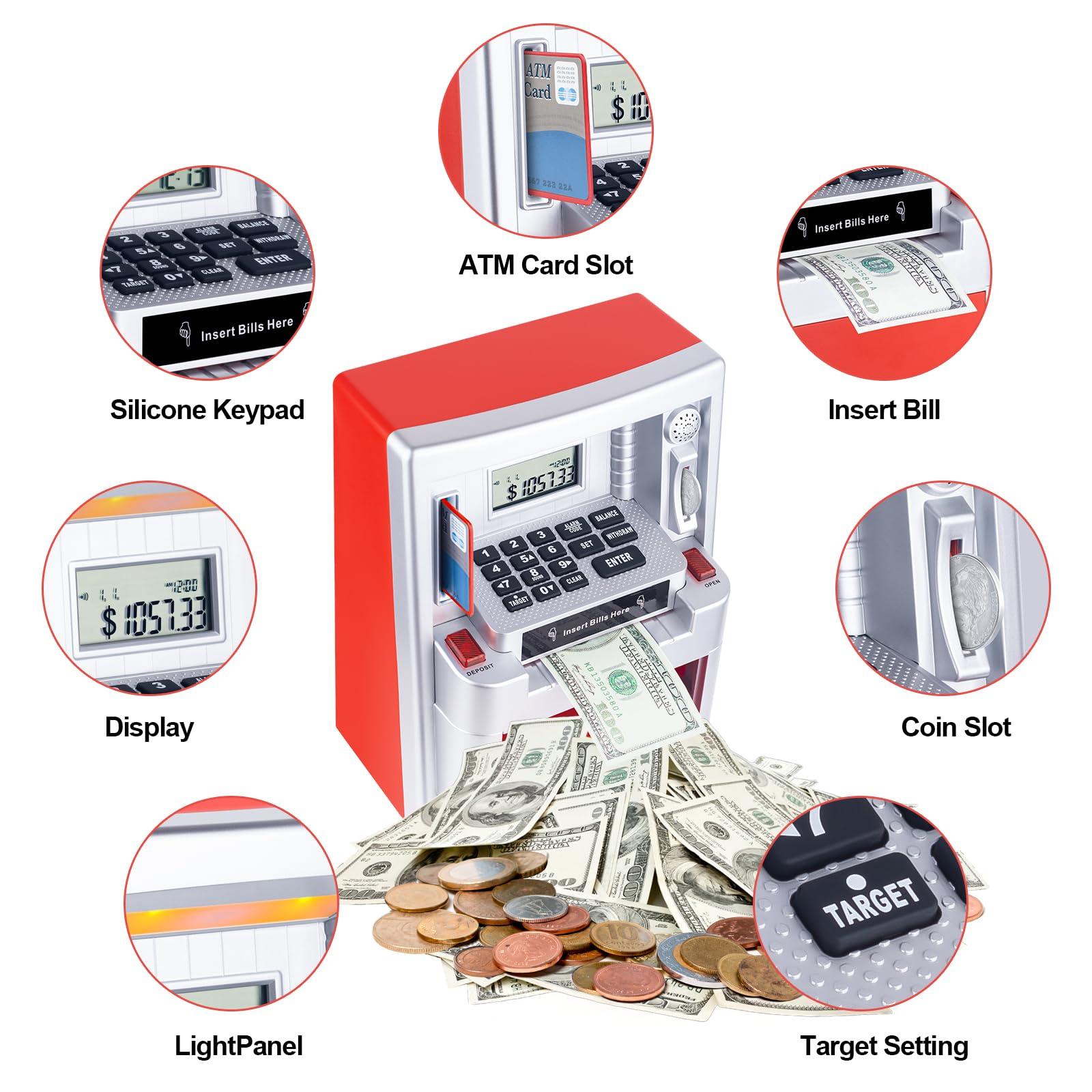 qiekaka Qiekaka Upgraded ATM Piggy Bank, Kids Talking Piggy Bank, ATM Bank Machine for Real Money, with Debit Card, Balance Calculator, Digital Electronic Savings Safe Box for Teen Boys Girls.