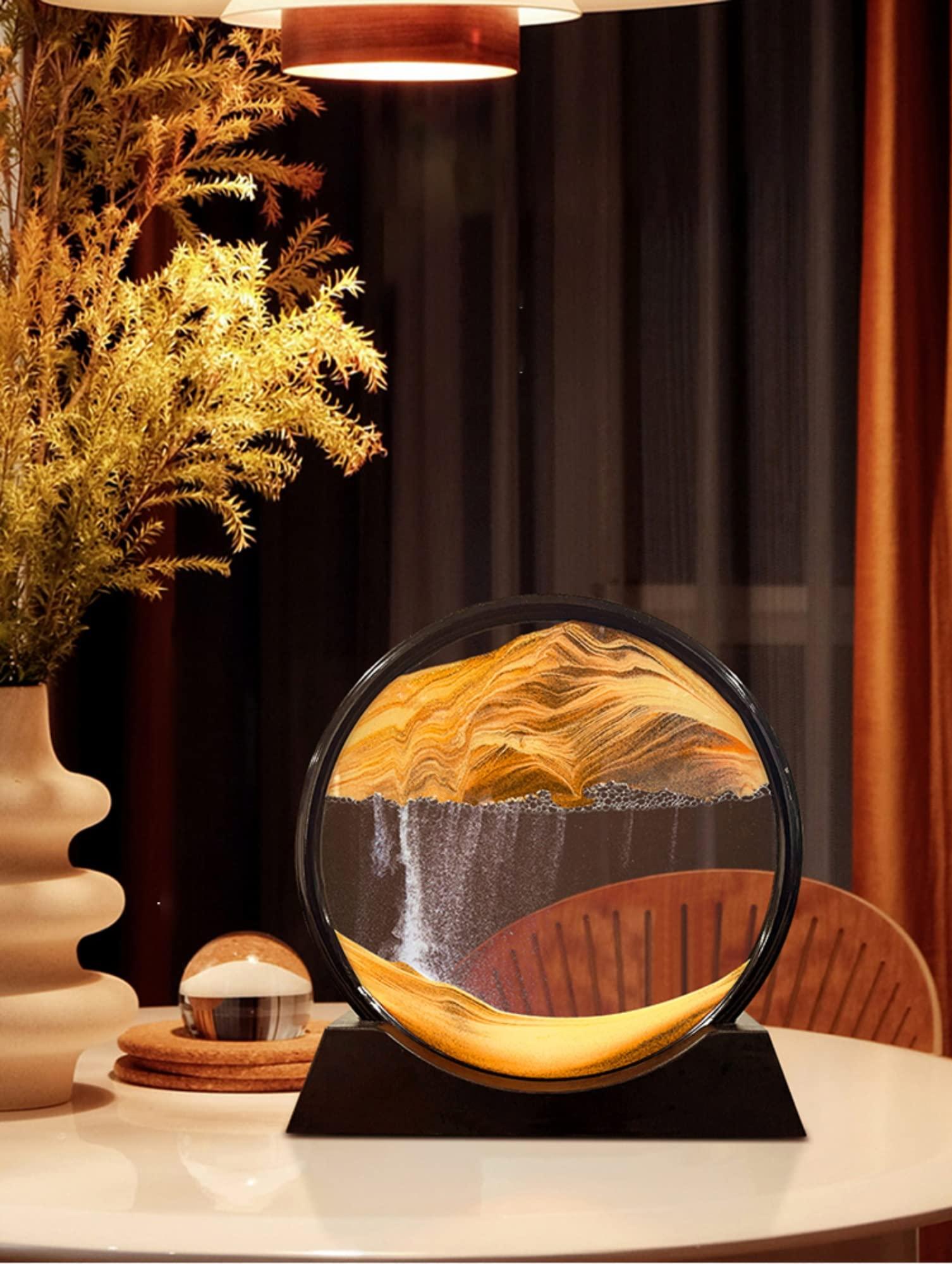 BESNUT 12 Inch Moving Sand Art Picture Flowing Sand Painting 3D Deep Sea Sandscape Liquid Motion Display 360 Rotation Round Glass Frame Relaxing Desktop Home Office Decor for Adult Kid Desk Art ( Color : Go