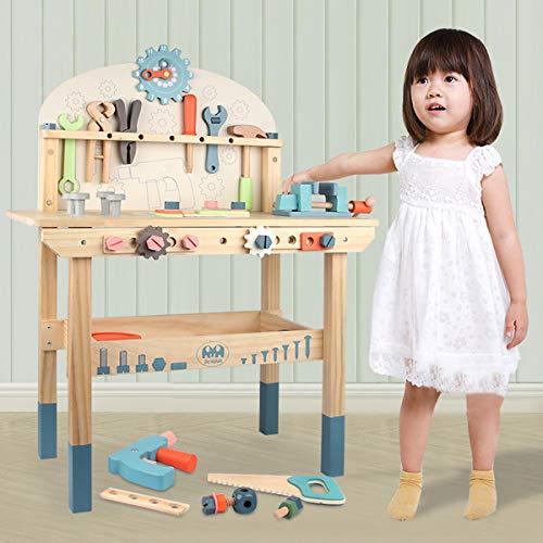 KIDS TOYLAND Wooden Power Tool Workbench for Kids, Building Tools Sets Pretend Play Toys - Construction Workbench with Wrench, Screwdriver, Miter Saw and Hammer - Educational Gift for Toddlers Age 3 and Up