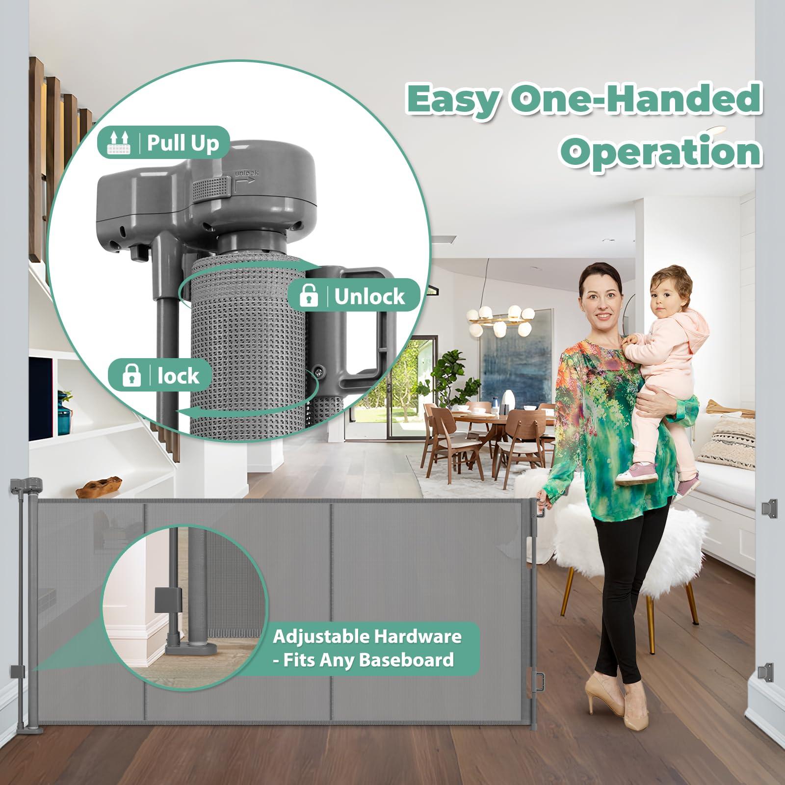 Stcockis Reinforced 195 Inch Extra Wide Baby Gate Retractable Dog Fence with Support Rods Prevent Crawling Under, 16 Foot Retractable Baby Gates Retractable Dog Gate Outdoor/Indoor Extra Long Baby Gate, Gray