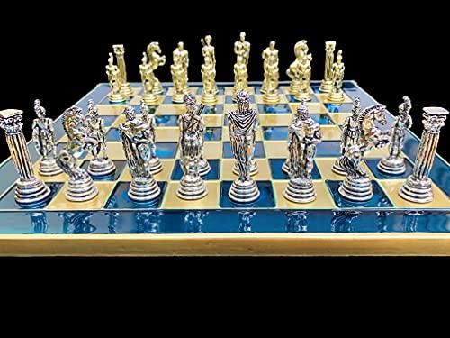 The Chess Empire The Chess Empire --Greek Warrior Complete Metal Weighted Luxury Chess Set with 32 x 32 cm Turquoise Oxidation Chess Board with Chess Pieces-Luxury Metal Unique Chess Set