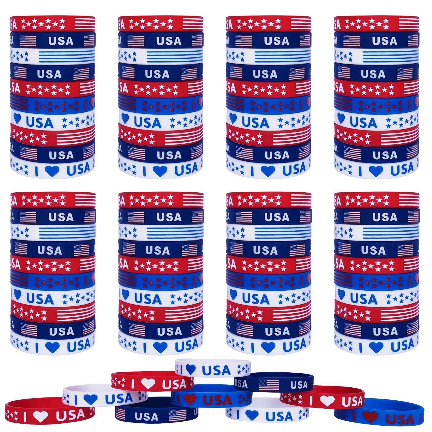 JAKADYUKS JAKADYUKS 100Pcs American Flag Silicone Bracelets, Election Fourth 4th of July Party Accessories USA Veterans Day Memorial Day Patriotic Party Red White and Blue Wristband Party Favors School Gifts