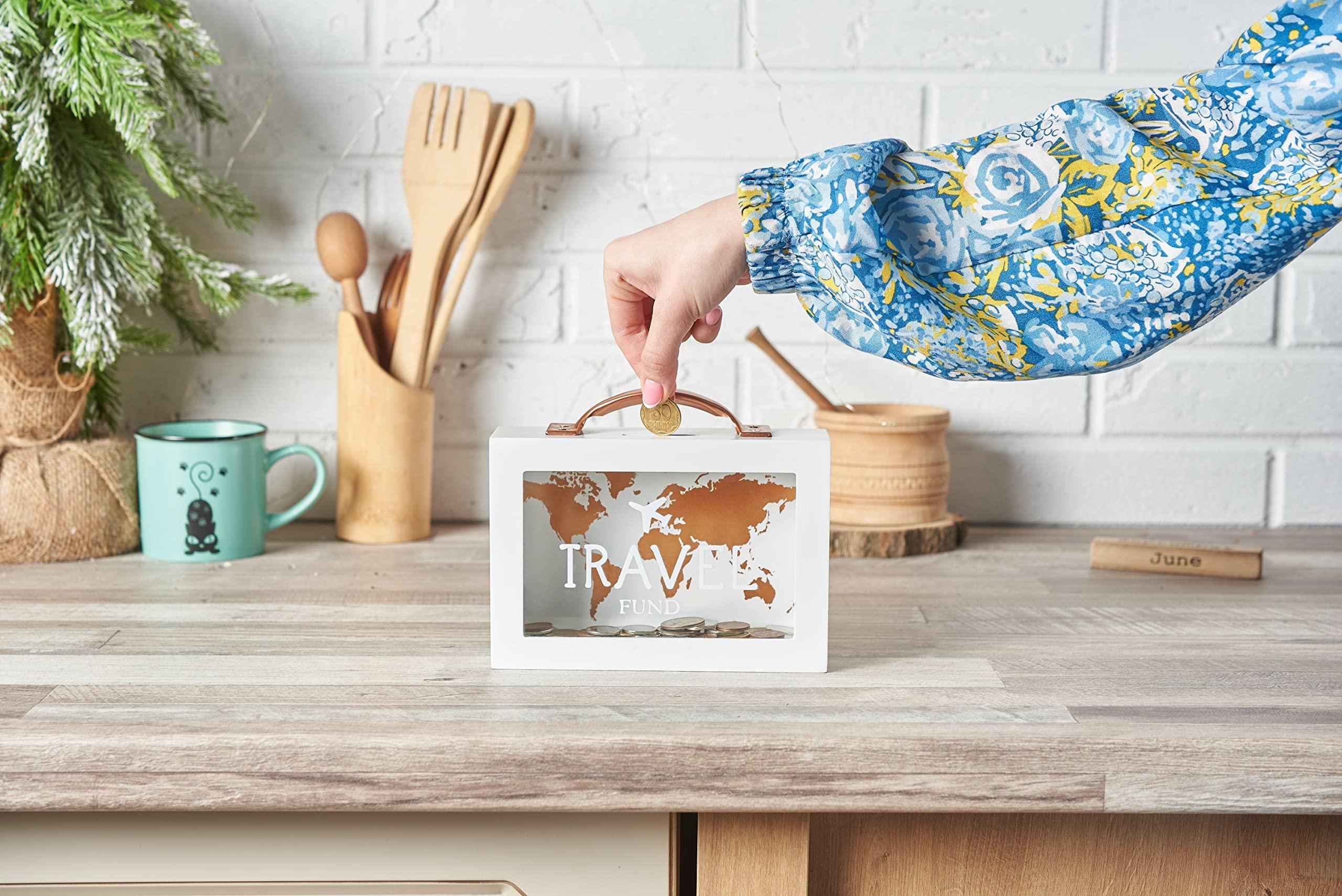 Generic Shadow Money Box for Saving Travel Fund - Coin Bank for Adults - Vacation Fund Jar - White Saving Box for Coins with Handle - Honeymoon Fund Box - Travel Fund Bank for Adults - Adventure Fund