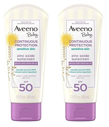 Aveeno Baby Aveeno Baby Continuous Protection Zinc Oxide Mineral Sunscreen Lotion for Sensitive Skin with Broad Spectrum SPF 50, Tear-Free, Sweat- & Water-Resistant, Travel-Size, 3 fl. Oz (Pack of 2)