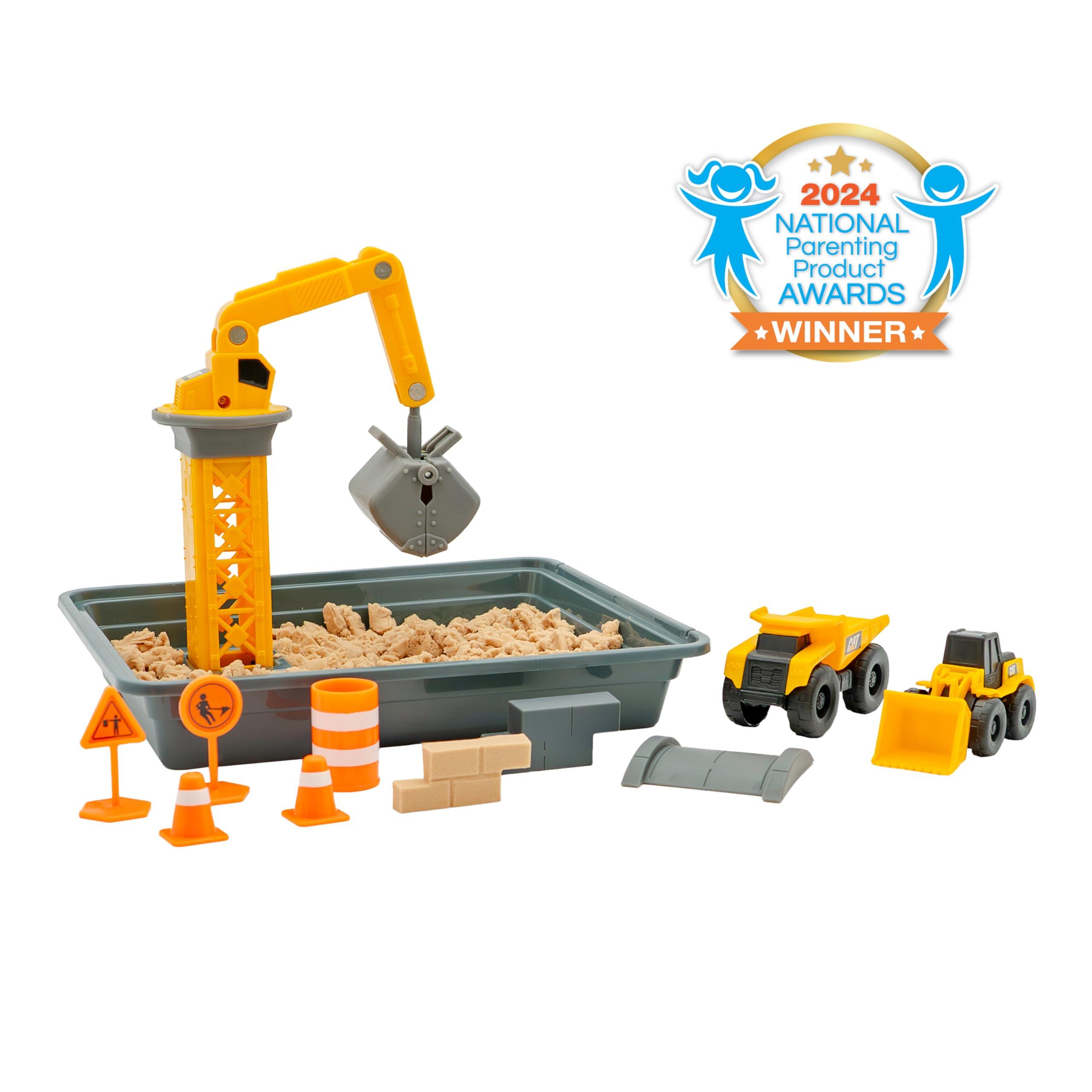 CAT CAT Construction Toys, Dig N\' Build Dirt Playset with 12 OZ of Compound - Includes 2 Little Machine Vehicles, Crane, and Storage Container.
