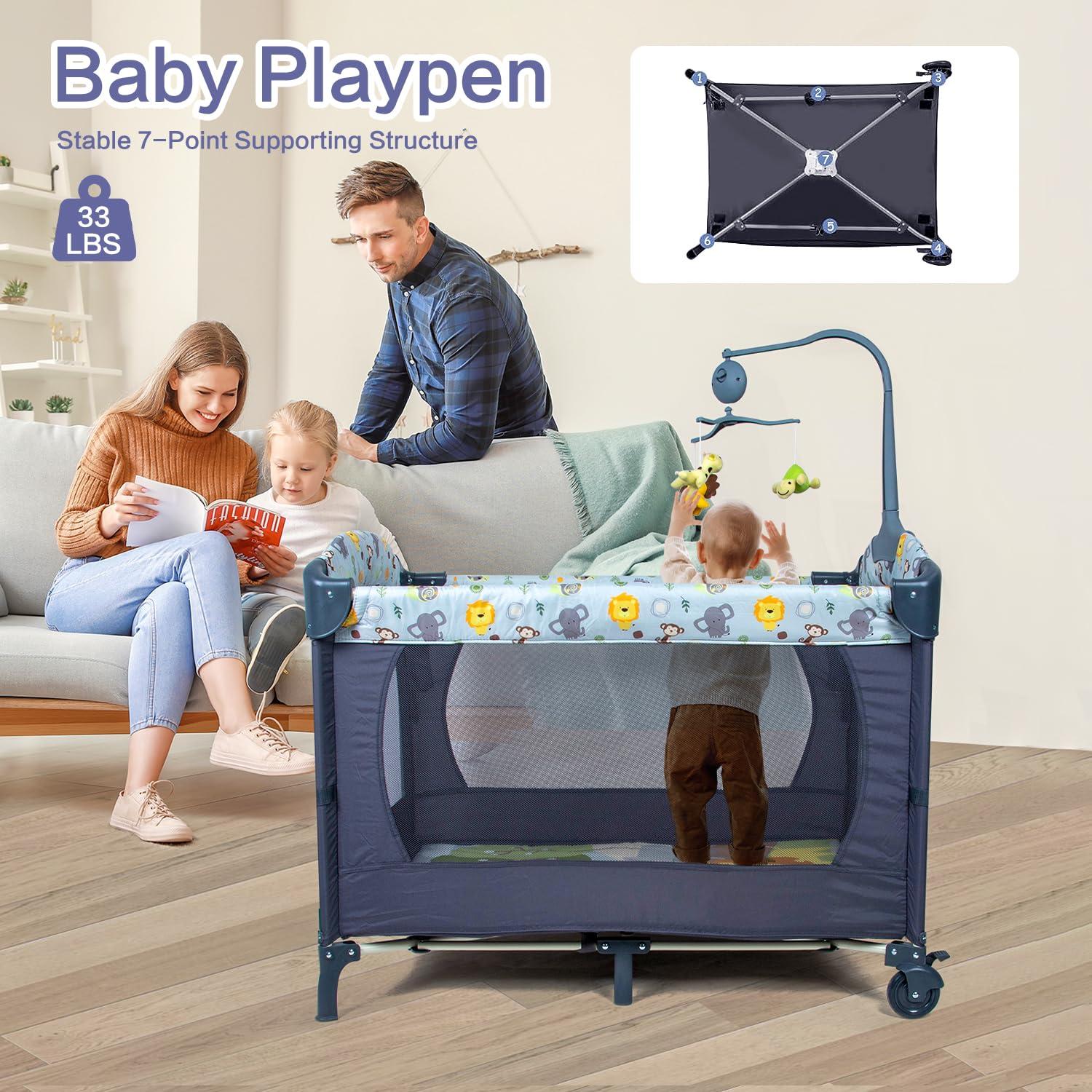 SIMPLGIRL 5-in-1 Baby Bassinet Bedside Crib, Pack and Play Long Next to Parents Bed Crib with Toys & Music Box, Mattress, Foldable Playard, Playpen Travel Bed Nursery Center for Girl Boy Infant Newborn