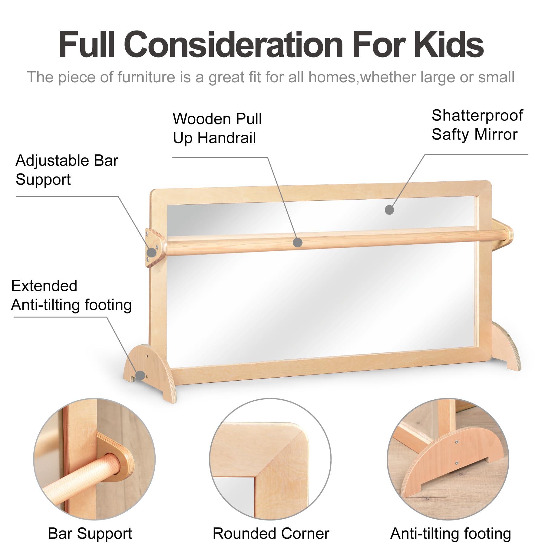 KRAND KRAND 3-Position Montessori Wood Frame Non-Shatter Safety Pull Up Bar Baby Big Mirror Set, Infant Coordination Mirror, Kids Classroom Furniture for Daycare, Homeschool or Preschool
