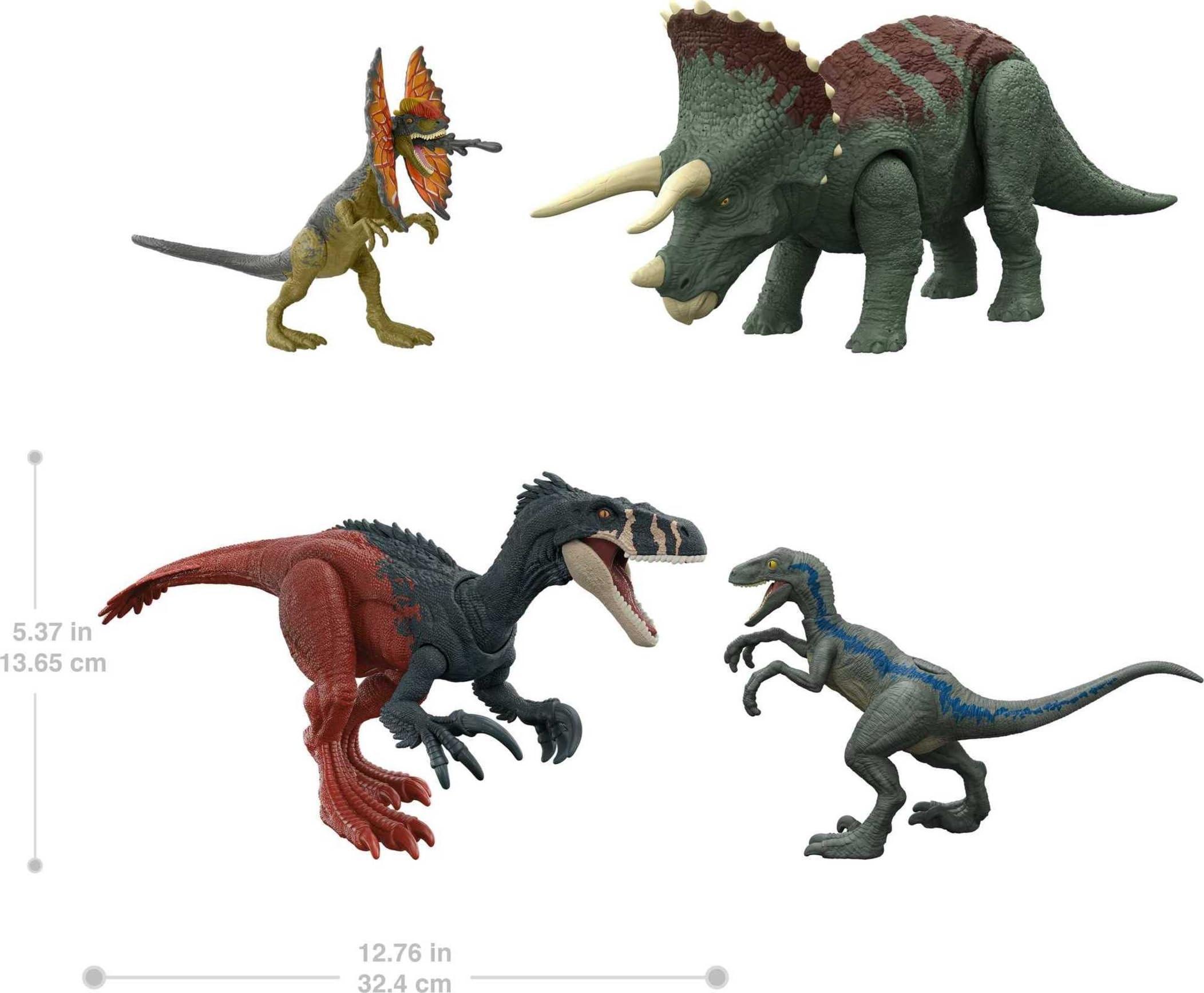 Mattel Mattel Jurassic World Dominion Survival Instincts Dinosaur Starter Set, 4 Toy Figures Including Blue, Dilophosaurus & 2 Roar Strikers