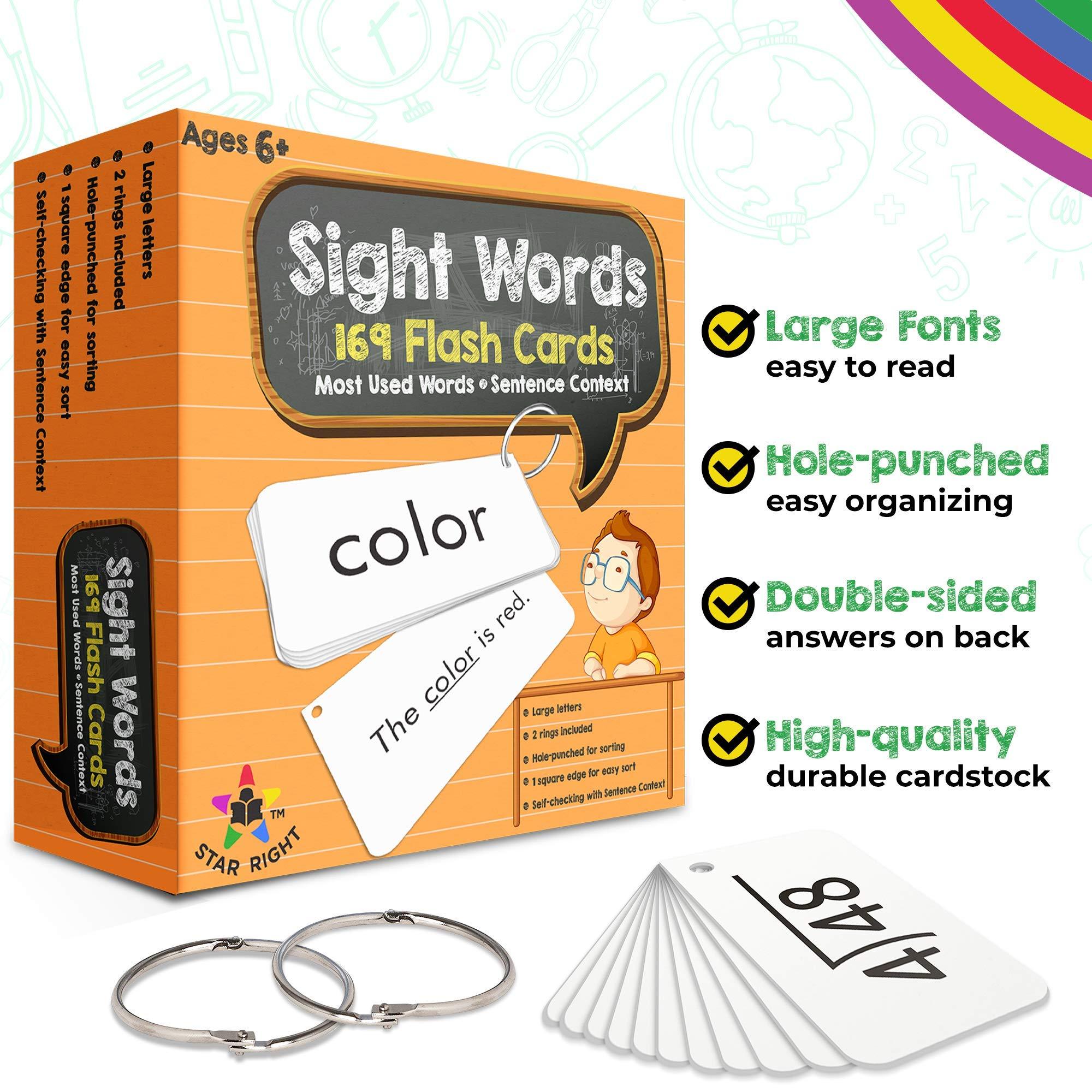 Star Right Star Right Education Sight Words Flash Cards, 169 Sight Words and Sentences with 2 Rings