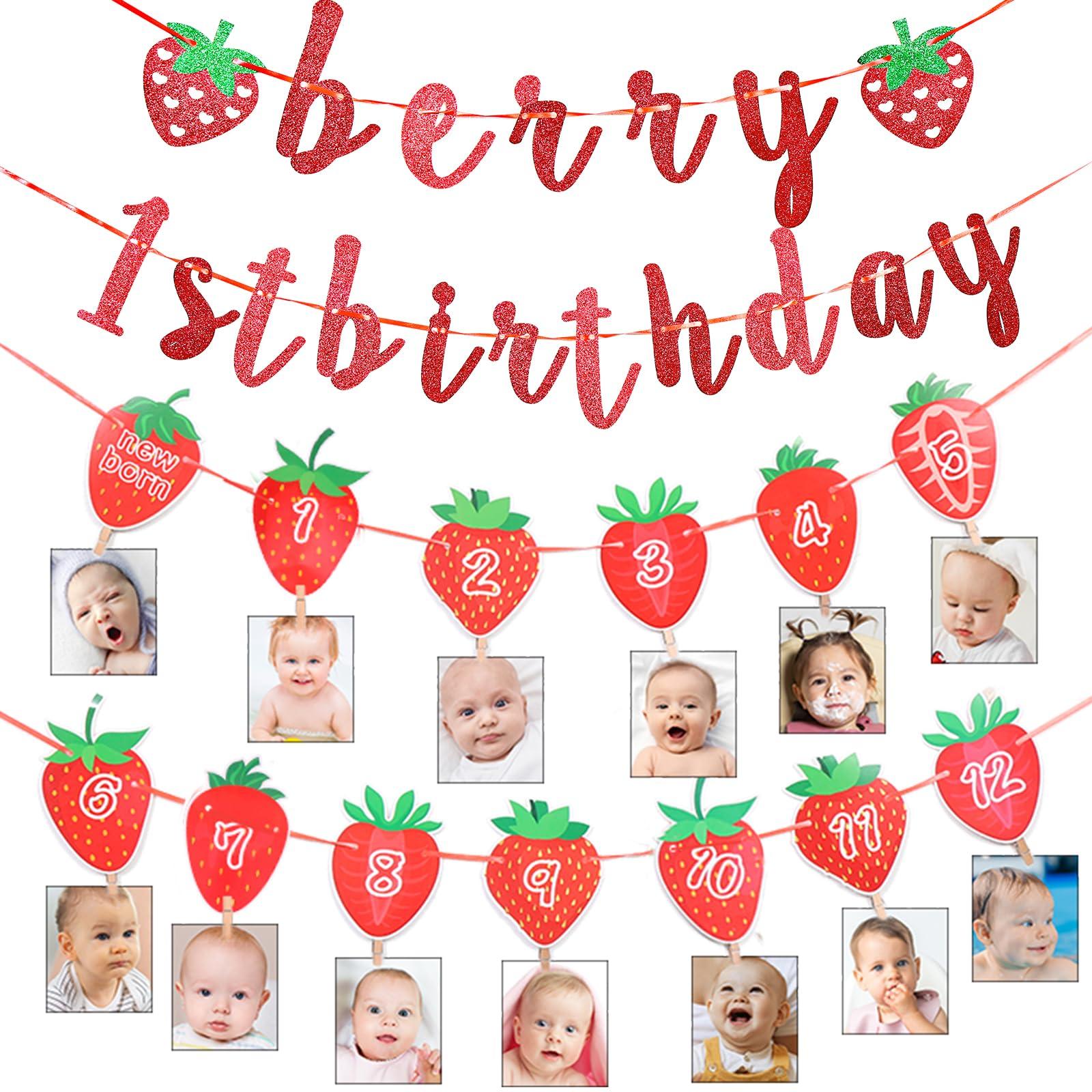 Andibro Andibro Strawberry First Birthday Party Decor, Berry 1st Birthday Party Supplies,Sweet Berry Monthly Photo Banner Milestone Photograph Bunting Garland Strawberry Hanging Decoration Fruit Themed Shower
