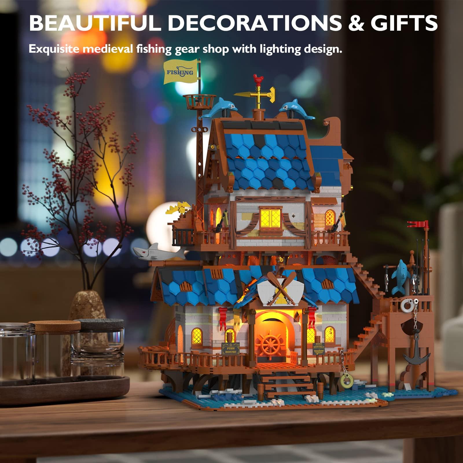 JMBricklayer JMBricklayer Medieval Fishing Shop Building Sets for Adults, LED Lighting Kit Creative Fishing Gear Store Castle House Model Toy, Collectible or Home Display, Ideas Gifts for Boys Girls 41107