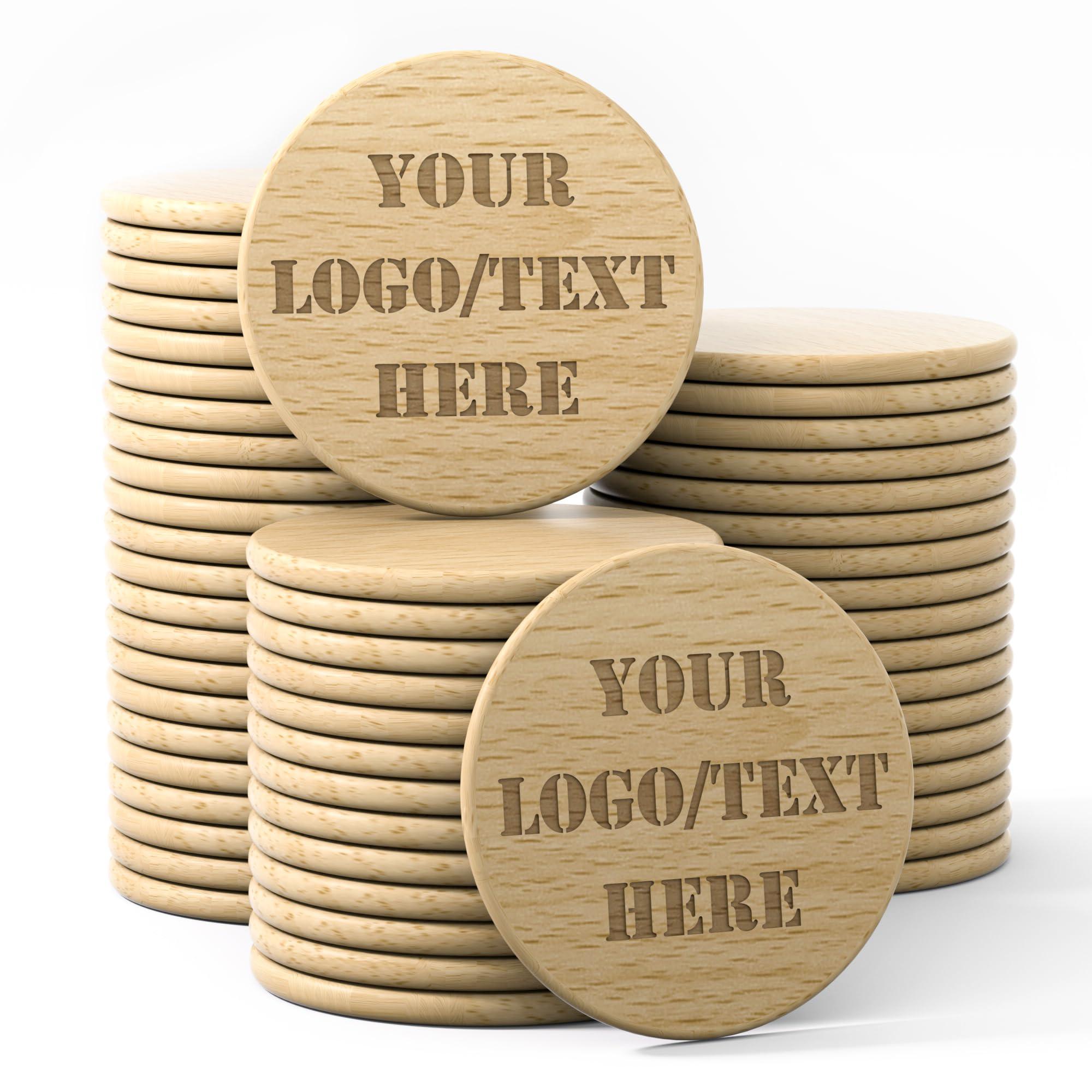 MANBATTLE MANBATTLE 100 Custom Wooden Poker Chips, Wooden Drink Tokens Double Sided Laser Engraved Your Logo and Text, Personalized Wood Round Drink Chips for Bar, Party, Wedding, Game Night, Casino Night